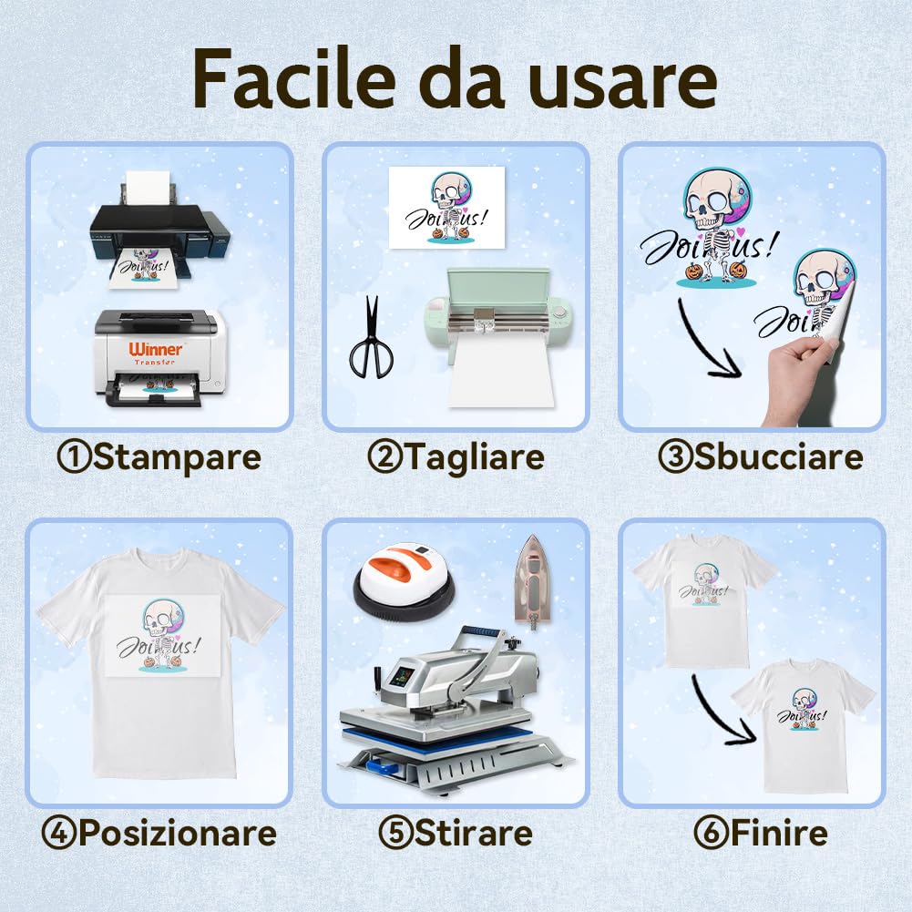 WinnerTransfer A4X10,Carta per trasferimento in Tessuto per Cotone Leggero, stampanti a Getto d'inchiostro e Laser, Carta per trasferimento in Tessuto,transfer paper, Colore: Bianco