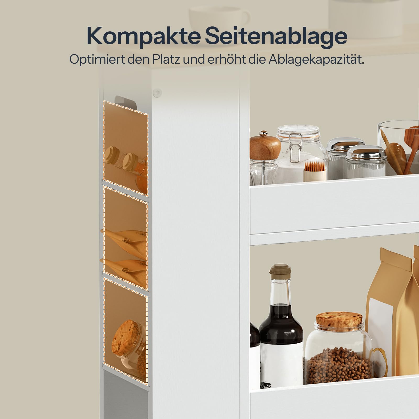 HOOBRO Servierwagen, Küchenwagen 4-stöckiger, Schmaler Rollwagen mit 4 Feststellbaren Lenkrollen, 40 x 15 x 85,5 cm, Küchenregal für kleine Räume, Küche, Bad, Wohnzimmer, Weiß und Holzfarbe EWN84TC01
