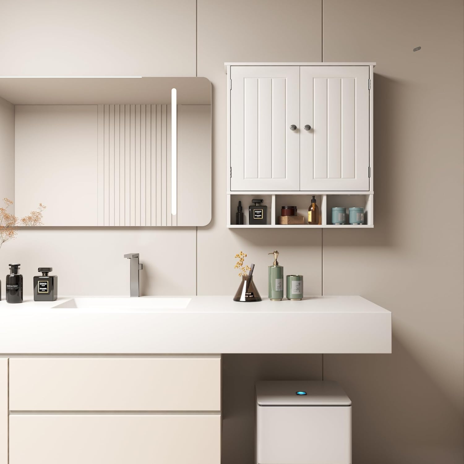 Bathroom Medicine Cabinet 2 Doors with 3 Open Shelves, Over The Toilet Storage Wall Mounted Medicine Cabinet with Adjustable Partitions，Home Cabinet for Bathroom,Living Room,Kitchen,White