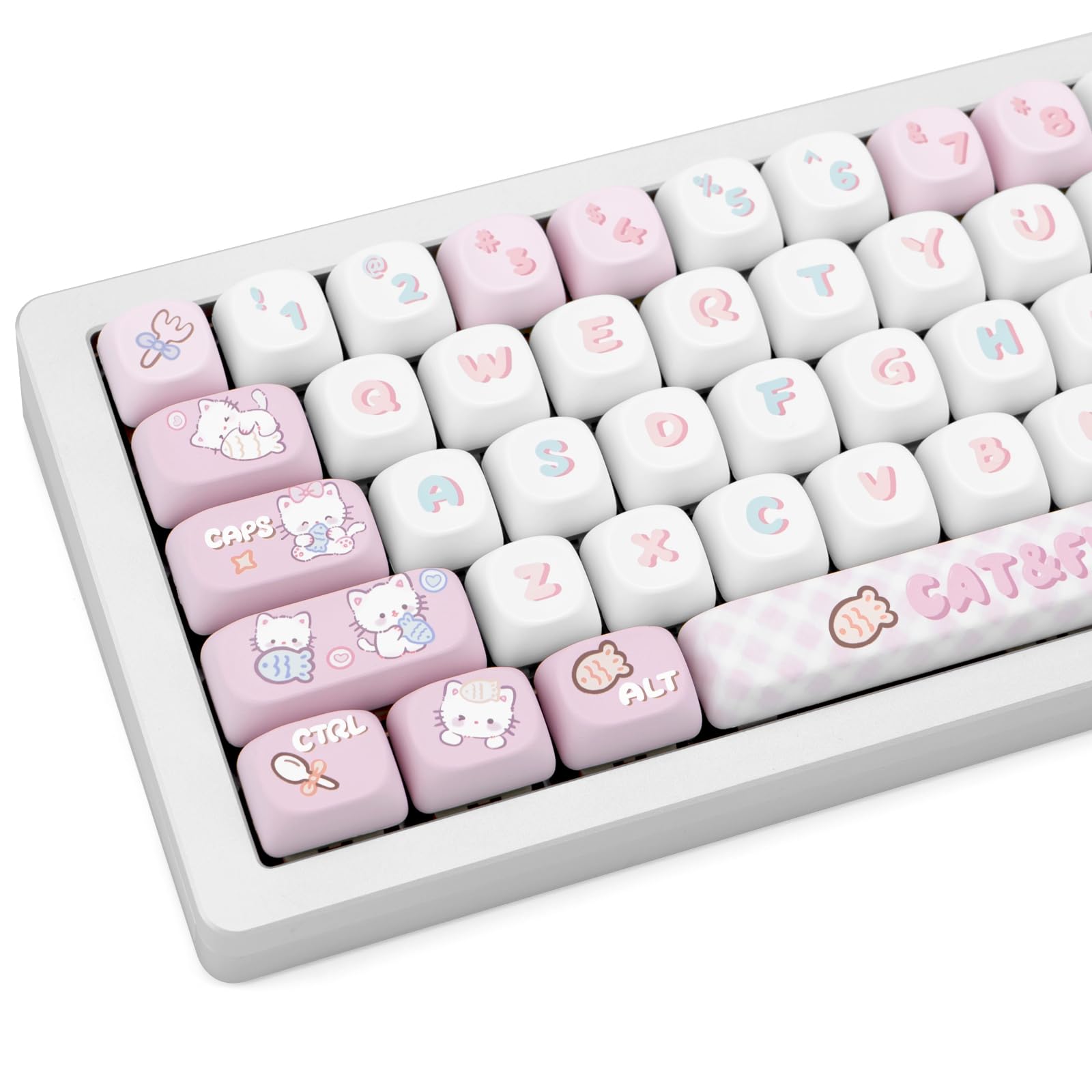 JOLINTAL 137 Keys White Keycaps, MOA Profile Keycaps Round Cute Keycaps PBT Keycaps, Low Profile Cat Custom Keycaps Set Cherry Mx Keycaps 60 Percent Anime Keycaps for Mechanical Cute Keyboard Cat Fish