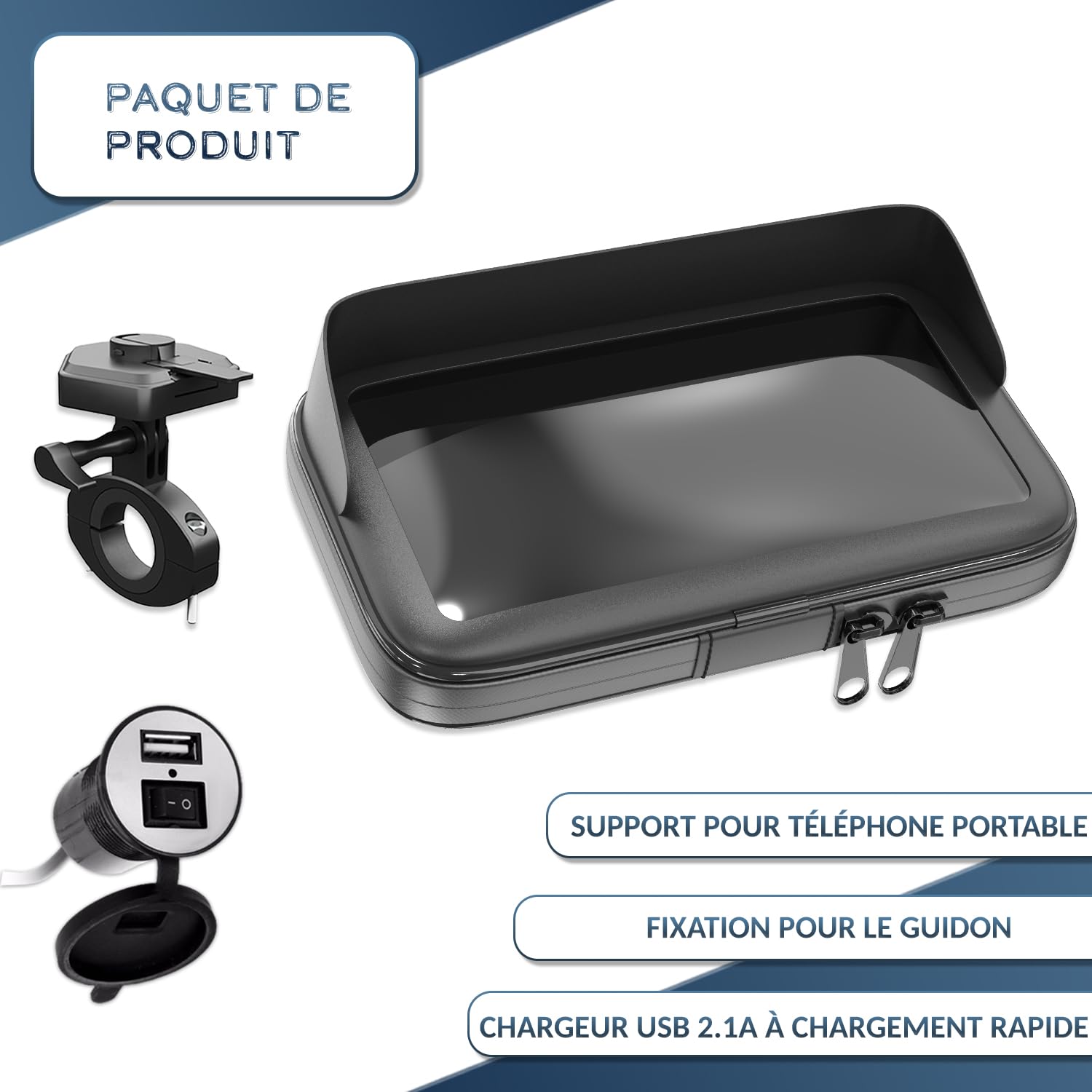 Support Telephone Moto Etanche avec Chargeur 2.1A Connexion Rapide Coque avec Visiere antireflet valable pour Les Smartphones jusqu'a 7,5" Fixation de Guidon incassable | Connexion rapide, housse avec visière antireflets, jusqu'à 7,5", fixation au guidon