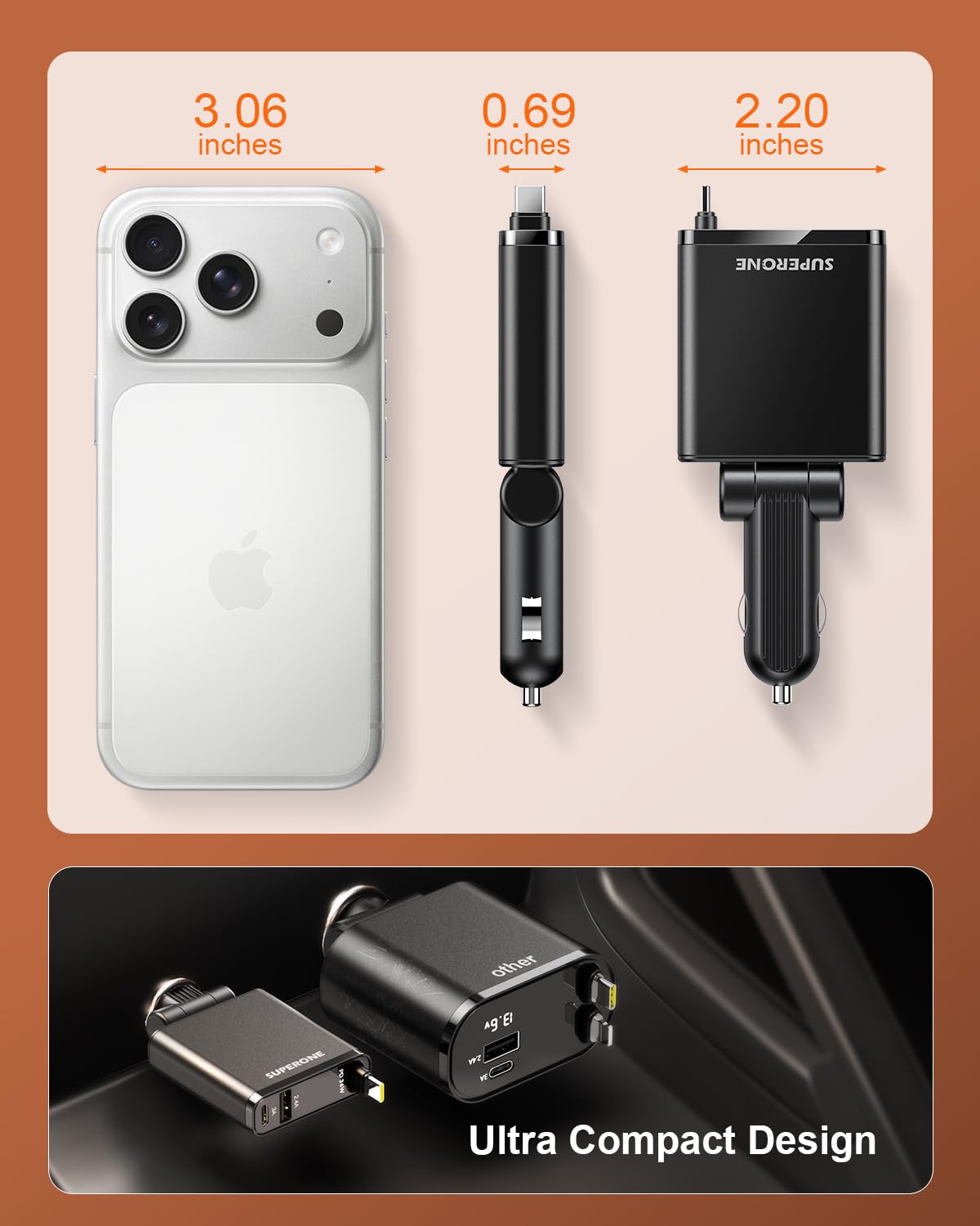 SUPERONE Car Charger USB C Fast Charge,Ultra-Slim Retractable Car Charger for Car Accessories for Women Men,Car Charger Adapter for iPhone 17 16 15 14 13 12,Samsung,iPad,Airpods - 3