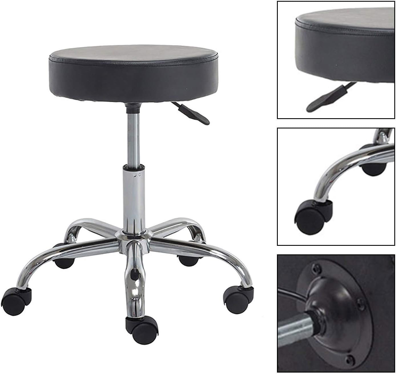 IKON MOTORSPORTS Height Adjustable Rolling Swivel Stool Chair with Round Seat Heavy Duty Metal Base for Salon, Medical, Massage, Spa, Tattoo, Clinic, Shop(Black)