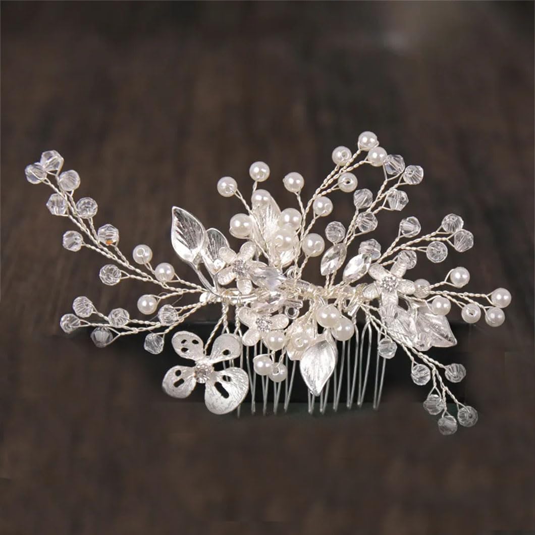 Peineta para el pelo con diamantes de imitación, diseño de hojas y flores, tiara para novia, boda, accesorios para el cabello, joyería con clip para regalo, color plateado