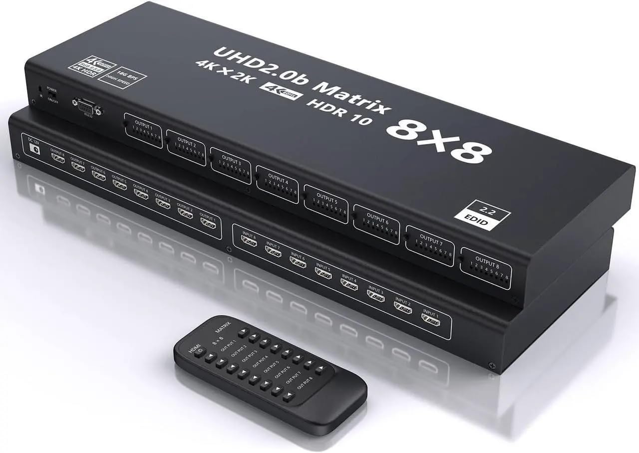 MICROWARE 8X8 4K HDMI Matrix Switch/Splitter, 8 in 8 Out HDMI Matrix Switch with IR Remote Control, RS232 Supports 4K@60Hz, 1080P 3D,HDR 10, YUV 4:4:4, HDTV 2.0, HDCP 2.2