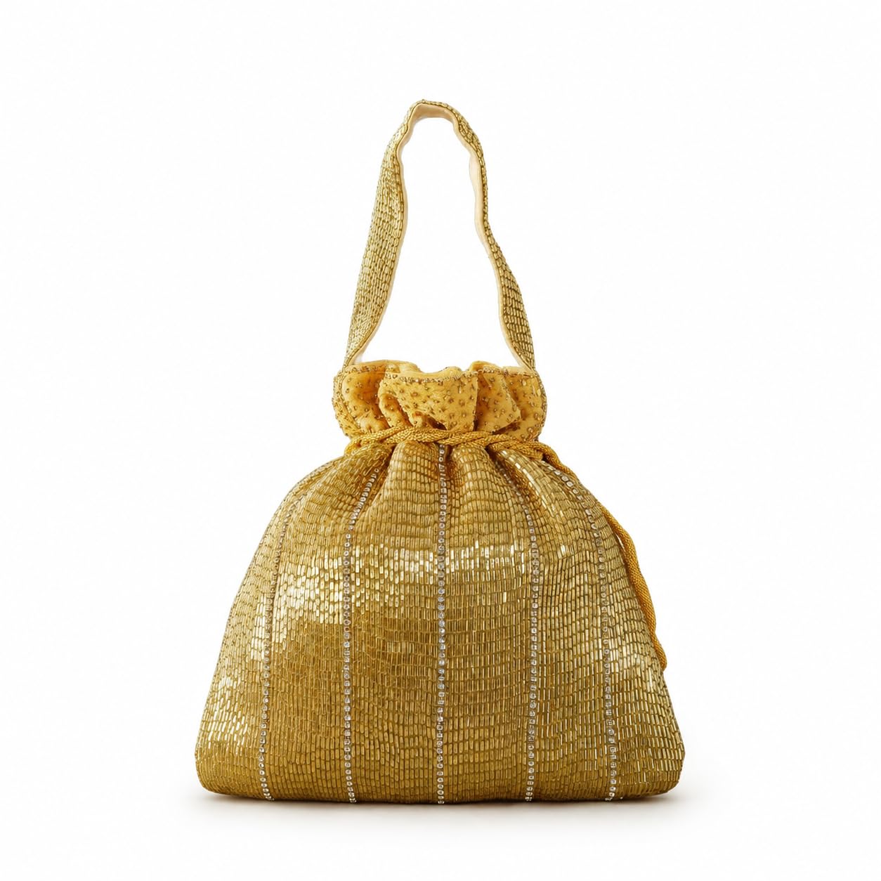 Golden Katdana Potli Bag, Beaded Drawstring Handbag with Rhinestone Stripes-image-22
