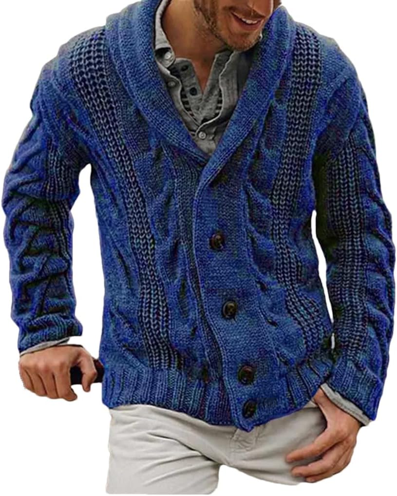 Men's Retro Collar Single Row Large Knitted Sweater Solid Color Casual Loose Knitted Cardigan Coat