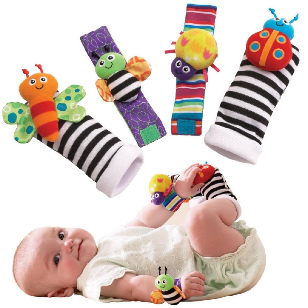 KESI ORNAMENTS Wrist Rattle Socks and Foot Finder Set, Infant Girl Boy Toys for Babies 0-36 Months, Newborn Hand & Foot, Soft Newborn Sensory Development Toy, Early Learning Activity Gift (Multicolor)