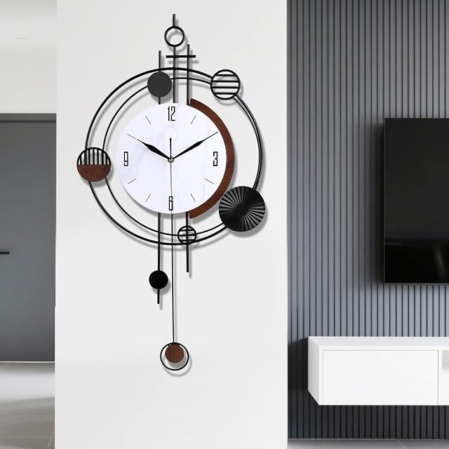 Wall Clock for Living Room, Silent Quality Quartz Battery Operated with Pendulum, Analog Metal Decorative Large Wall Clocks for Kitchen Bathroom Bedroom Wall Home Decor, 15.4x28inch(Black)