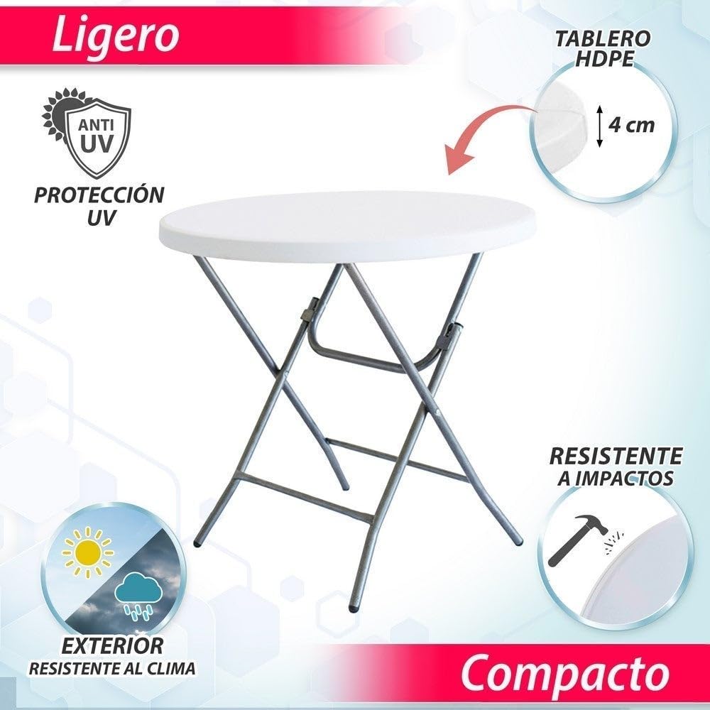 LOLAhome Mesa Plegable, de Acero Anticorrosión y HDPE (De Ø 80x74 cm) | Resistente, fácil Transporte, fácil Montaje | Ideal Acampadas, Picnic, Catering, Jardín, Terraza