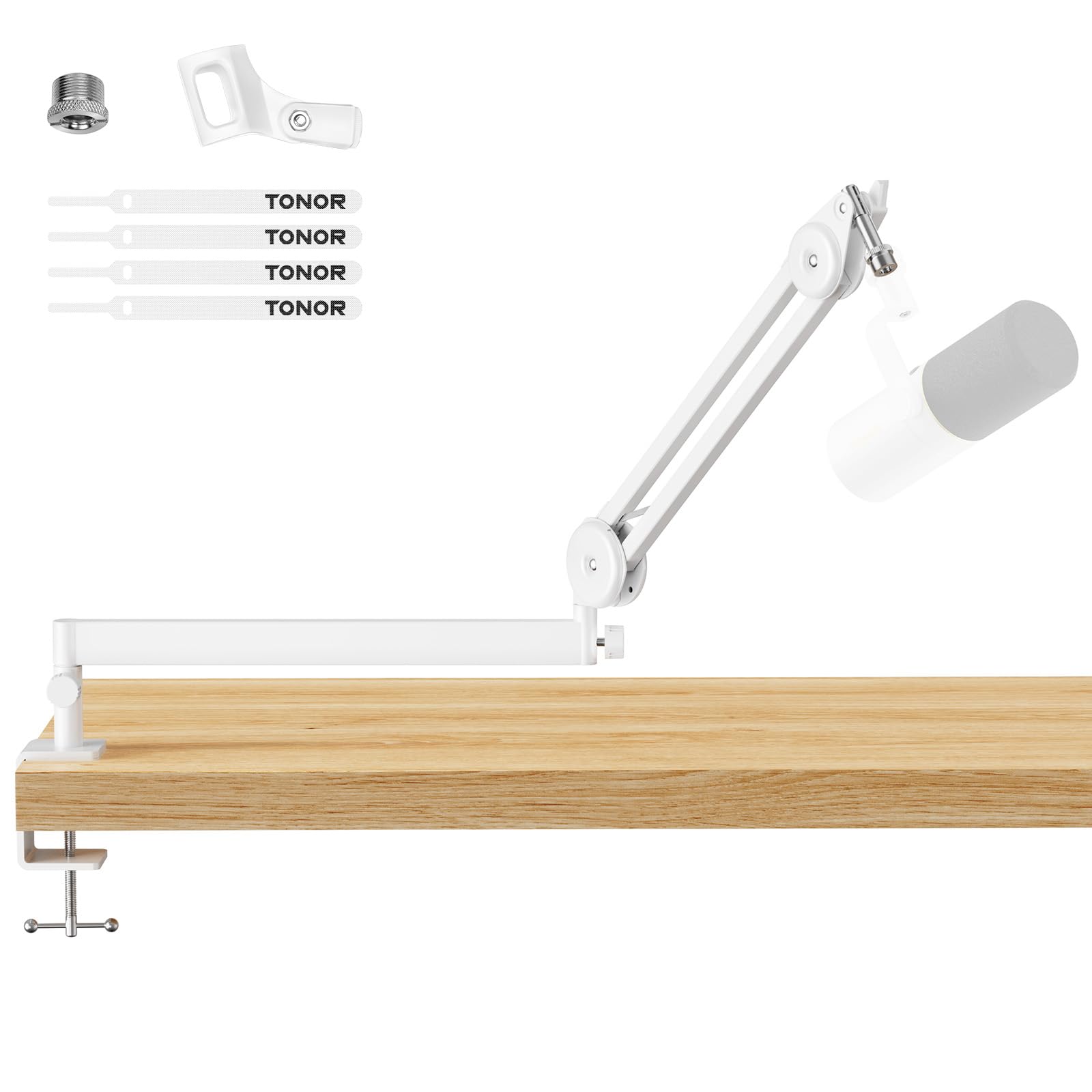 TONOR Microphone Boom Arm, Low Profile Mic Arm, Fully Adjustable Mic Stand with Desk Mount Clamp,Screw Adapter, Cable Management, for Streaming Gaming Podcast Studio Recording Home Office T40LP White