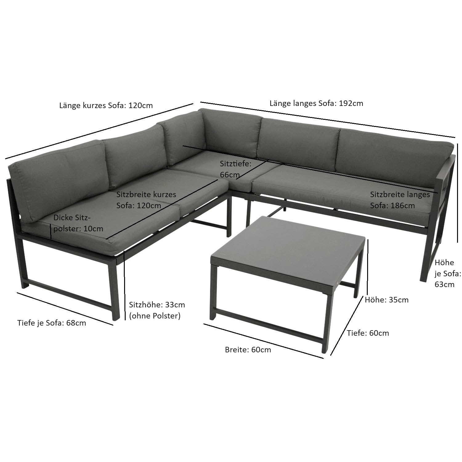 DEGAMO Funktions Eck- Loungeset Montana 192x188cm, Aluminiumgestell dunkelgrau, mit Verstellbarer Liegefunktion und Polstern grau, Outdoor wetterfest