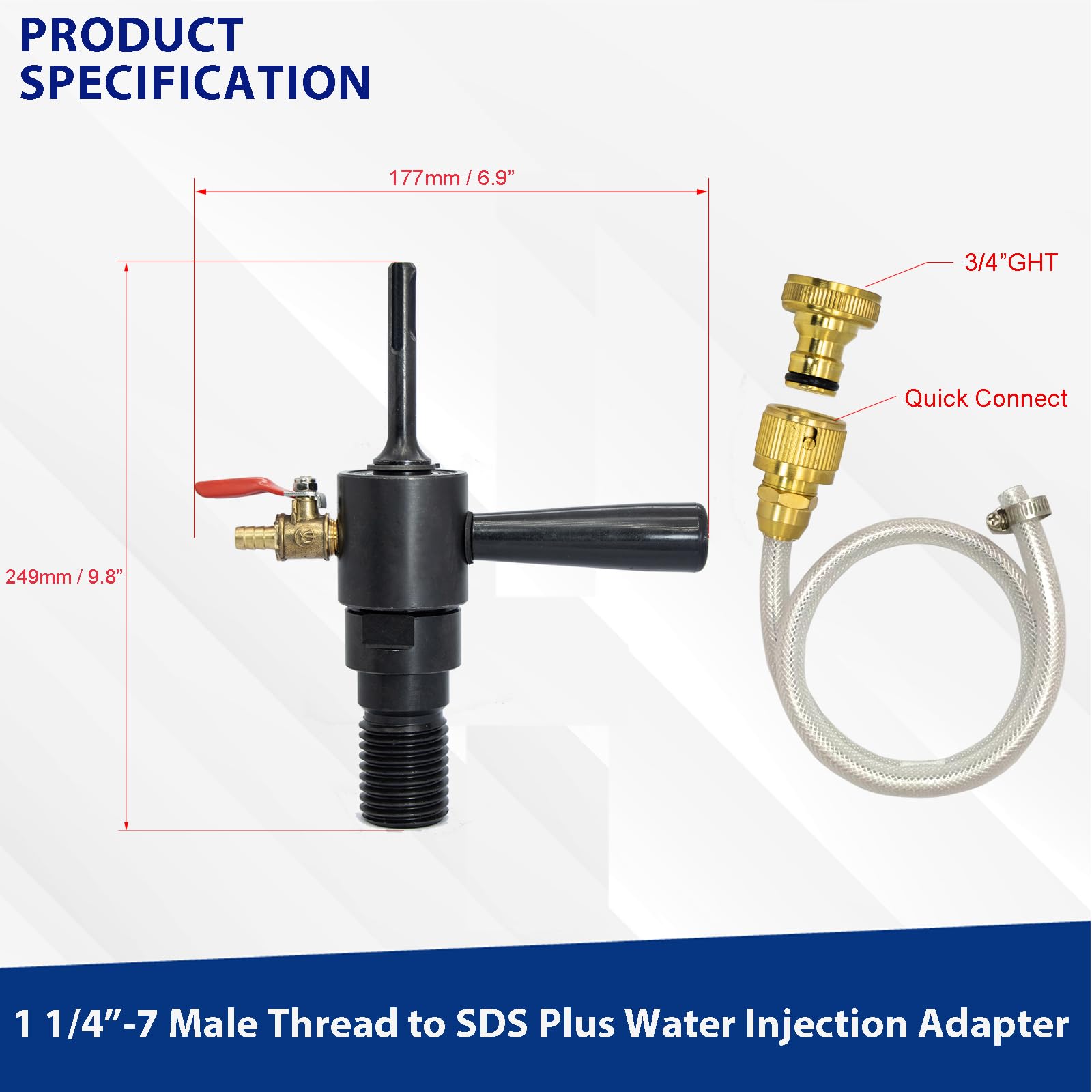 Adaptador de taladro de núcleo abor SDS Plus de 1 1/10.2 cm-7 macho a SDS Plus, capacidad de inyección de agua, incluye conector rápido de manguera de latón macizo y manguera, compatible con