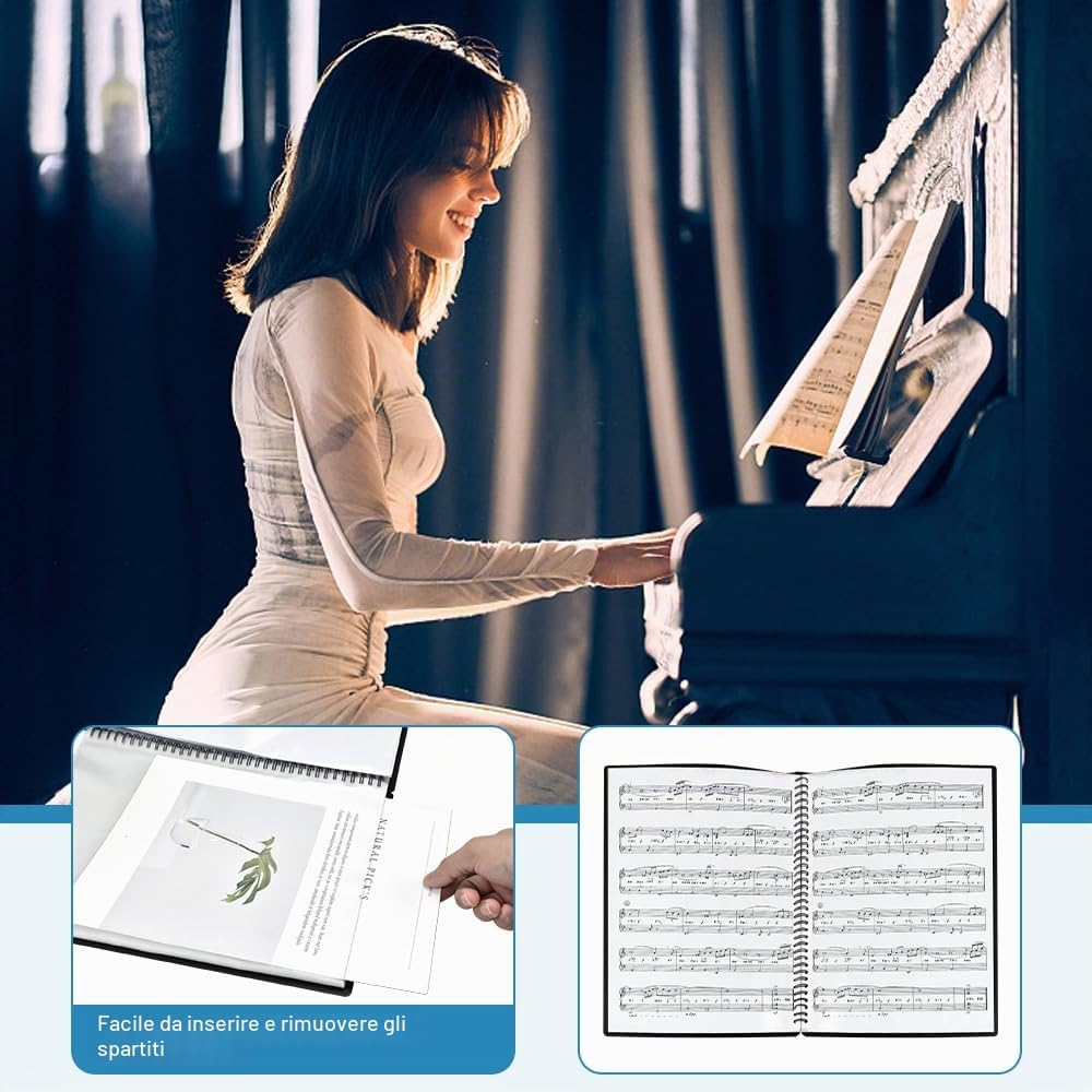 ADERTOS Raccoglitore Porta Spartiti Musicali, A4 Cartelle Portaspartiti, Porta Spartiti per Pianoforte, 50 Tasche/100 Pagine, con 2 Clip, per Spartiti, Pianoforte, Chitarra, Violino