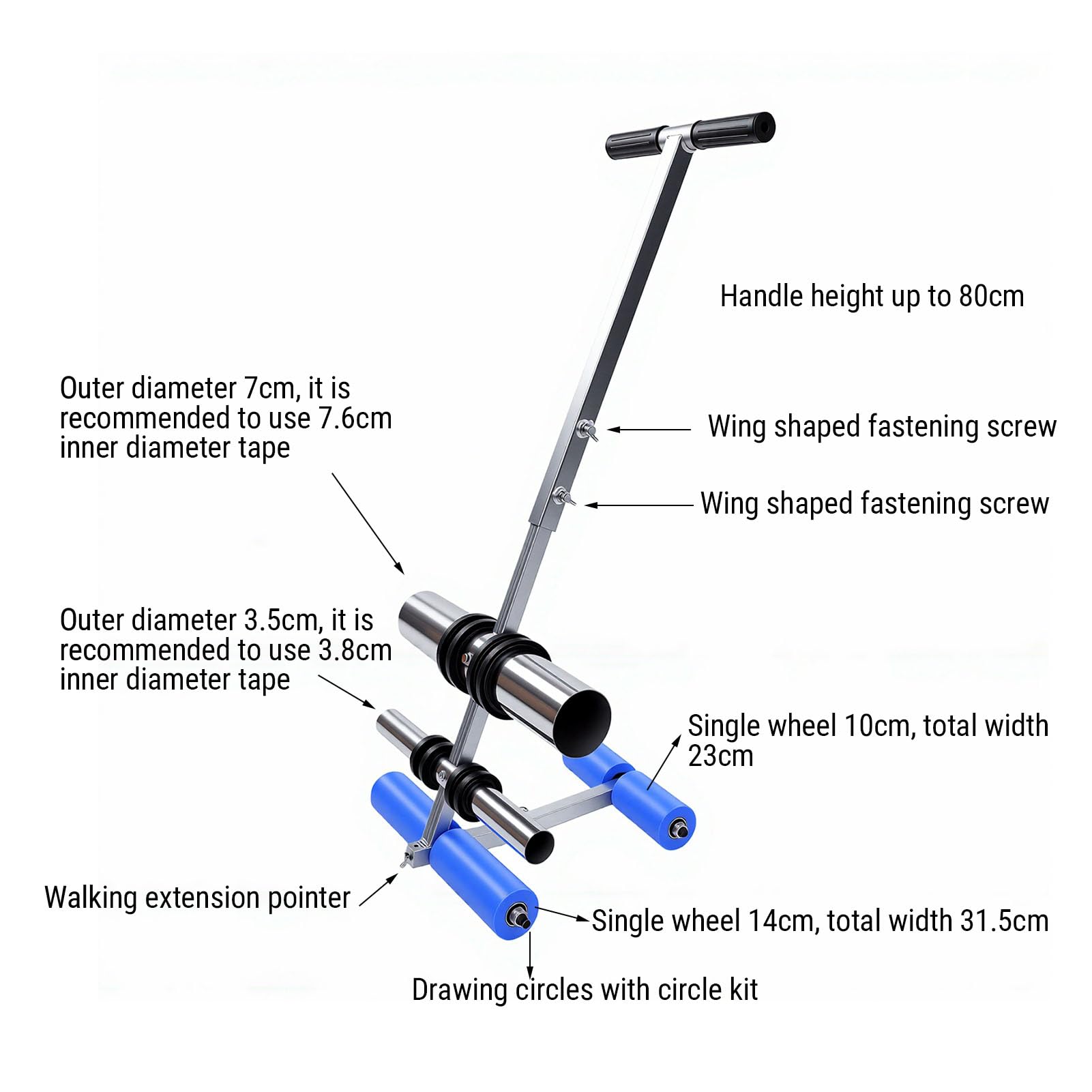 RIZGHWOY Regulowany Aplikator Taśmy o Wysokości 70-80 Cm, Ergonomiczna Maszyna do Znakowania Linii z Podwójnym Układem Rolek, Regulowany Odstęp 4-28 Cm, do Podjazdu, Boiska Koszykówki,