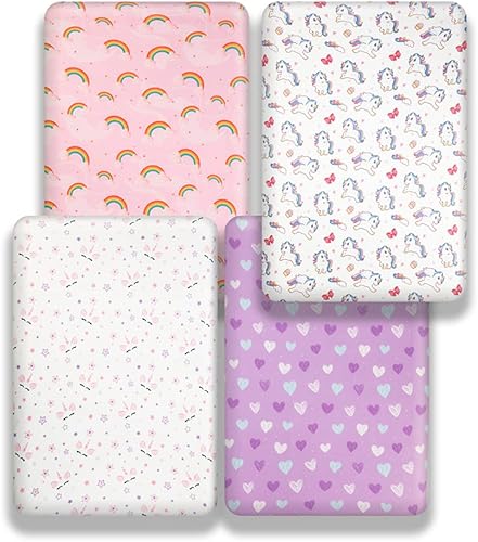Miniatura 2 de Paquete de 4 sábanas suaves para cuna para colchón de cuna estándar, diseño de arco iris, corazón, lindo poliéster neutro, unisex, juego de sábanas