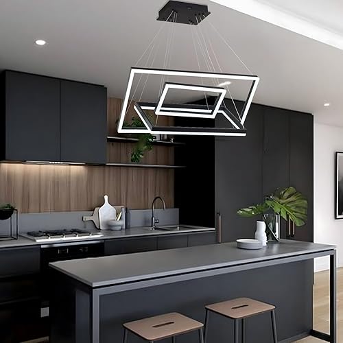 Miniatura 3 de Candelabro LED, candelabros modernos negros para comedor, lámpara rectangular grande de 3 anillos LED moderna para comedor, lámpara de araña