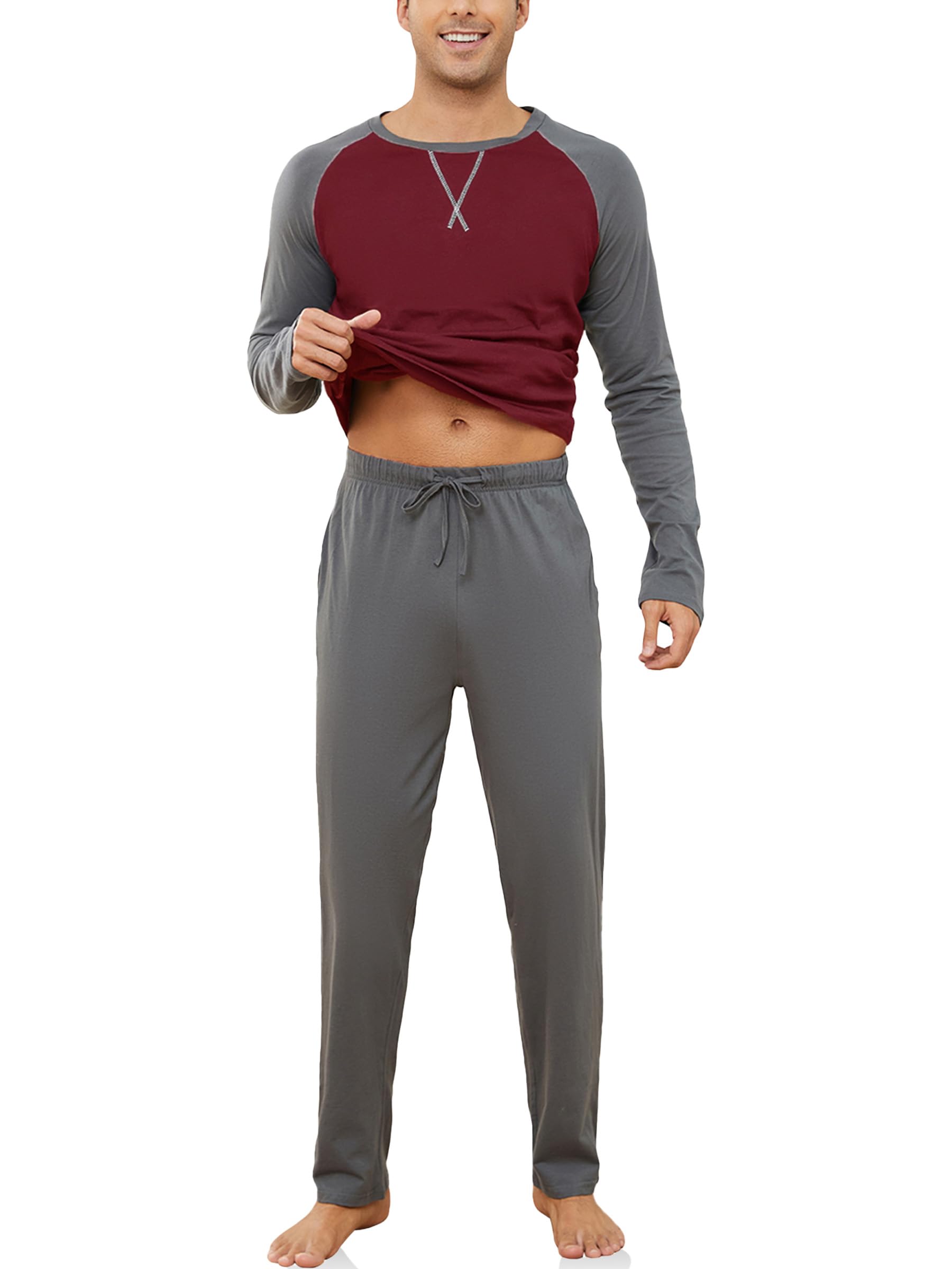 Reliwel Mens Pajamas Set Cotton Pjs for Men Sleepwear Long Sleeve & Pajama Pants Soft 2 Piece Sets with Pockets