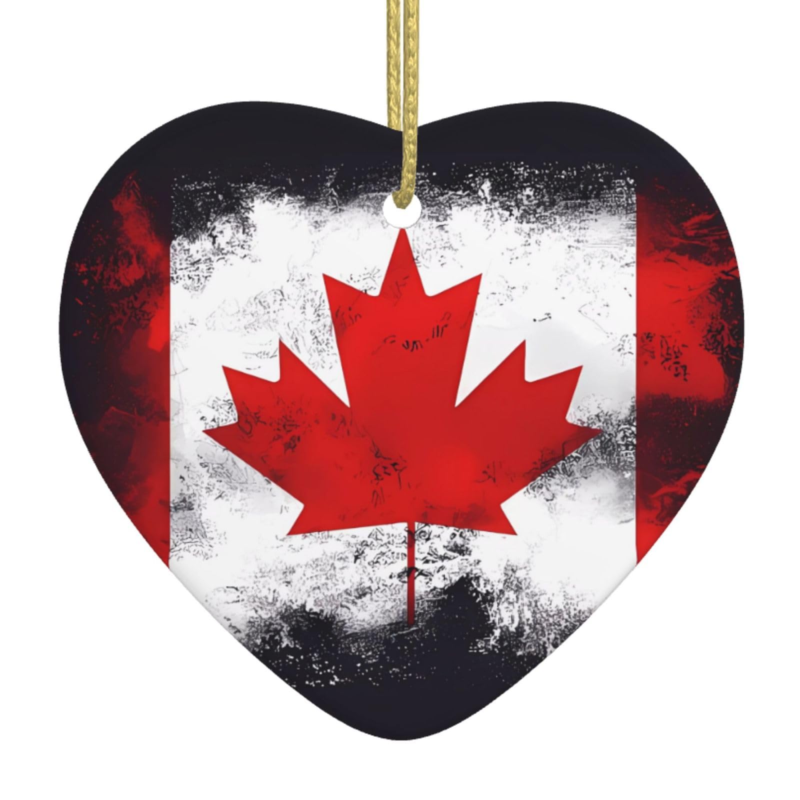 Canadian Flag Ceramic Christmas Heart Pendant with Silk Thread, Christmas Tree Home Decoration
