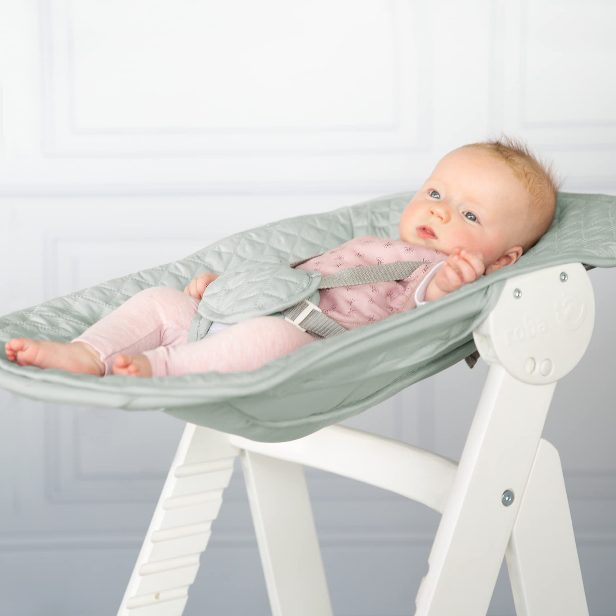 roba Seggiolone Evolutivo Born Up 2in1, Sdraietta roba Style Verde Ghiaccio Reclinabile, Fodera Impermeabile, Altezza Regolabile, Robusto e Resistente, Ergonomico, fino ai 70 kg, Legno Laccato Bianco