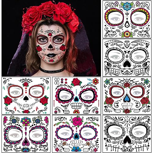 Day of the Dead Face Tattoos - 8 Sheets Halloween