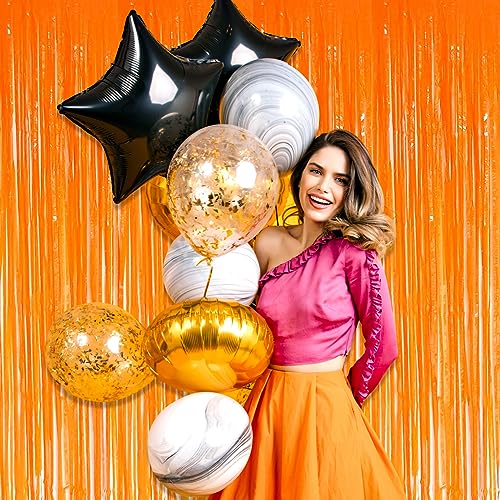 Image of 6 Pack Macaron Orange Foil Fringe Curtain Backdrop, 3.28Ft x 8.2Ft Metallic Tinsel Foil Fringe Streamer Curtains for Photo Booth, Christmas Day, Thanksgiving, Wedding, New Year Party Decorations