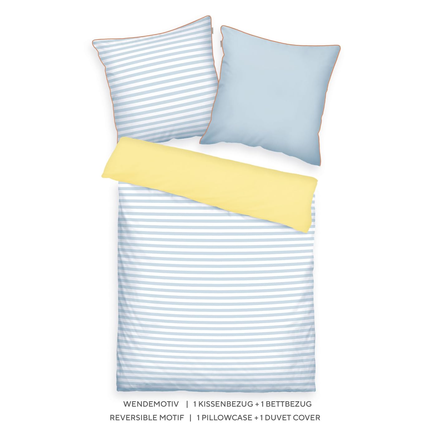 TOM TAILOR Bettwäsche Stripes with a Kick Sky Blue & Light Lemon, 80x80 cm + 155x220 cm, 100% Baumwolle/Perkal, mit Wendemotiv, farbiger Paspel am Kissen und Markenreißverschluss