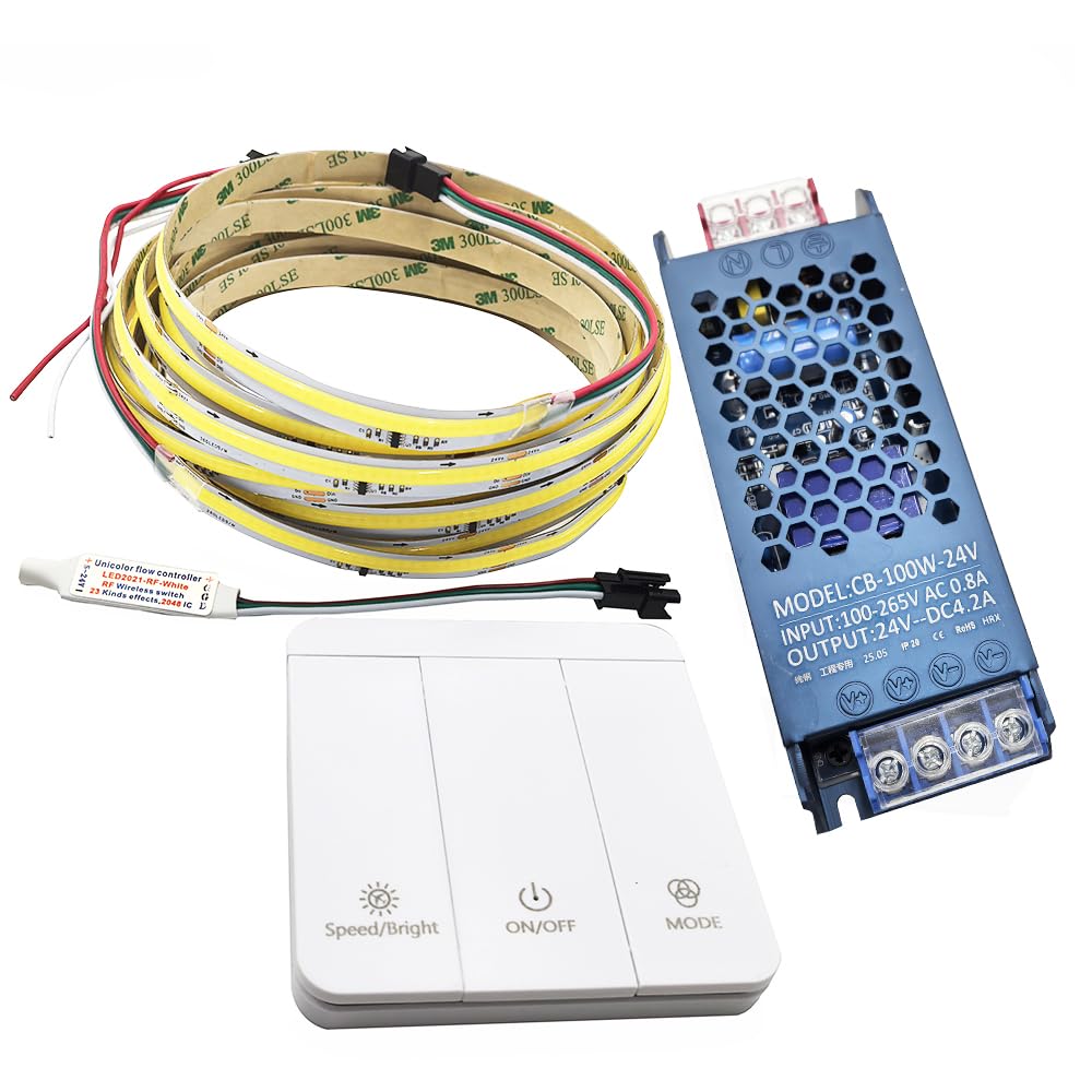 Vrabocry COB Running Water Flowing Chasing 5M LED Strip Lights WS2811 24V Horse Race Sequential LED Ribbon with 3Key RF Controler+24V 100W Power (Cool White 6000K)