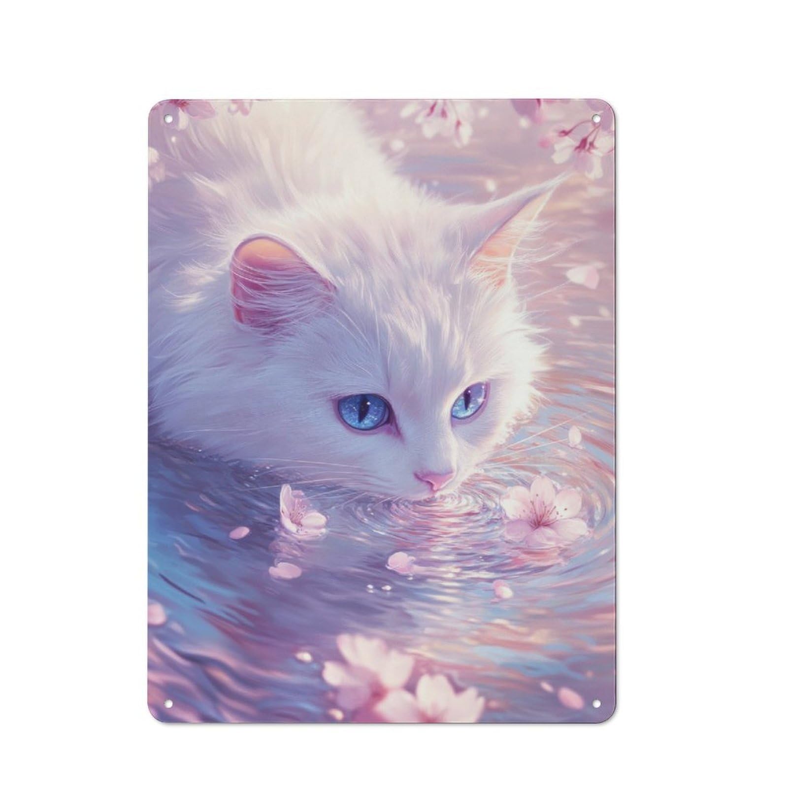 Junmoney White Cat And Cherry Blossoms For Lounge Or Reading Corner, Vintage Metal Sign 40X30cm, For Cooler-Season Styling In Lounge And Reading Corner