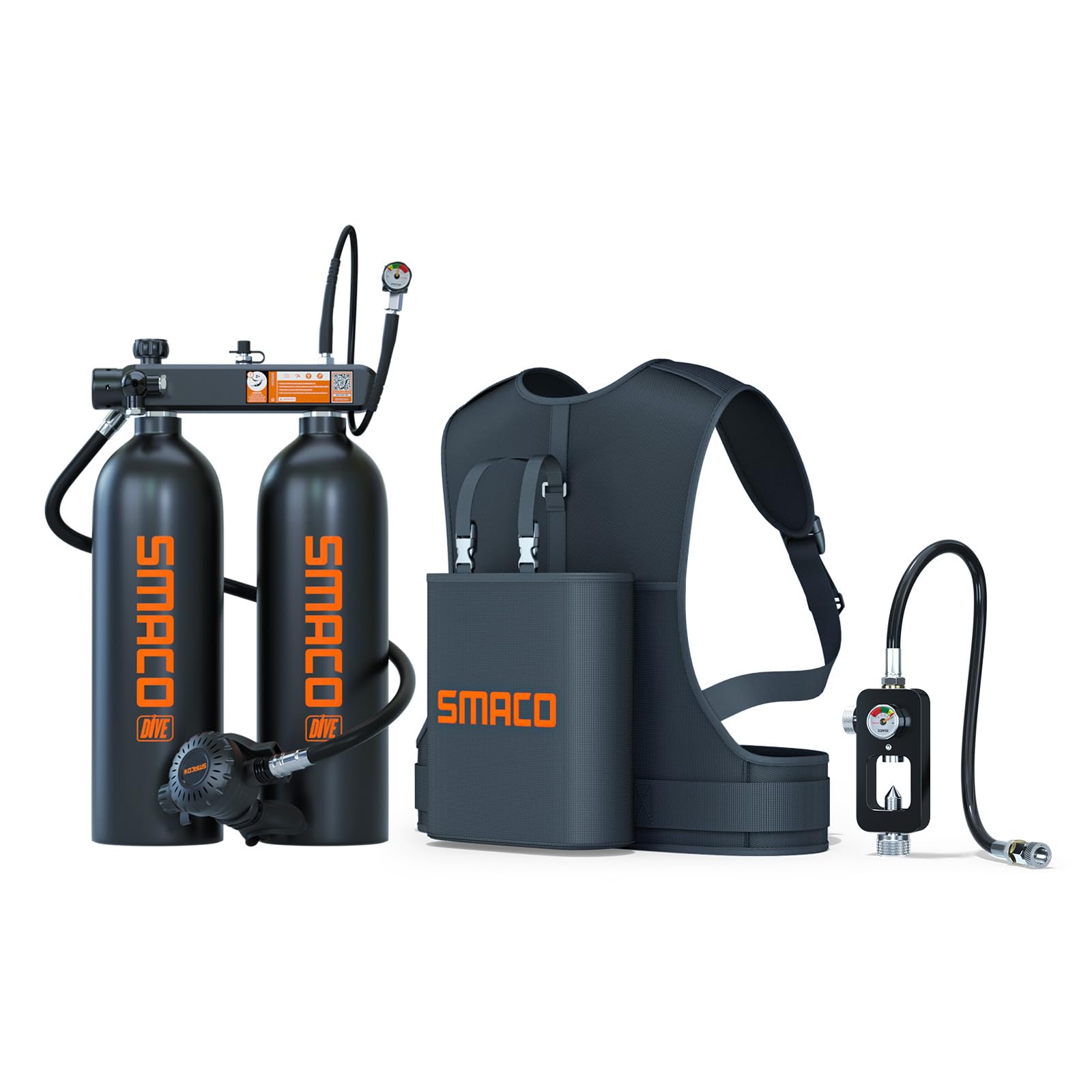 SMACO Mini Scuba Diving Tank 2L Double Scuba Tank Reusable Small Pony Bottle with 30-45 Mins Portable Twin 2L Diving Air Tank Kit Diving Oxygen Cylinder for Underwater Exploration Rescue S700 Max