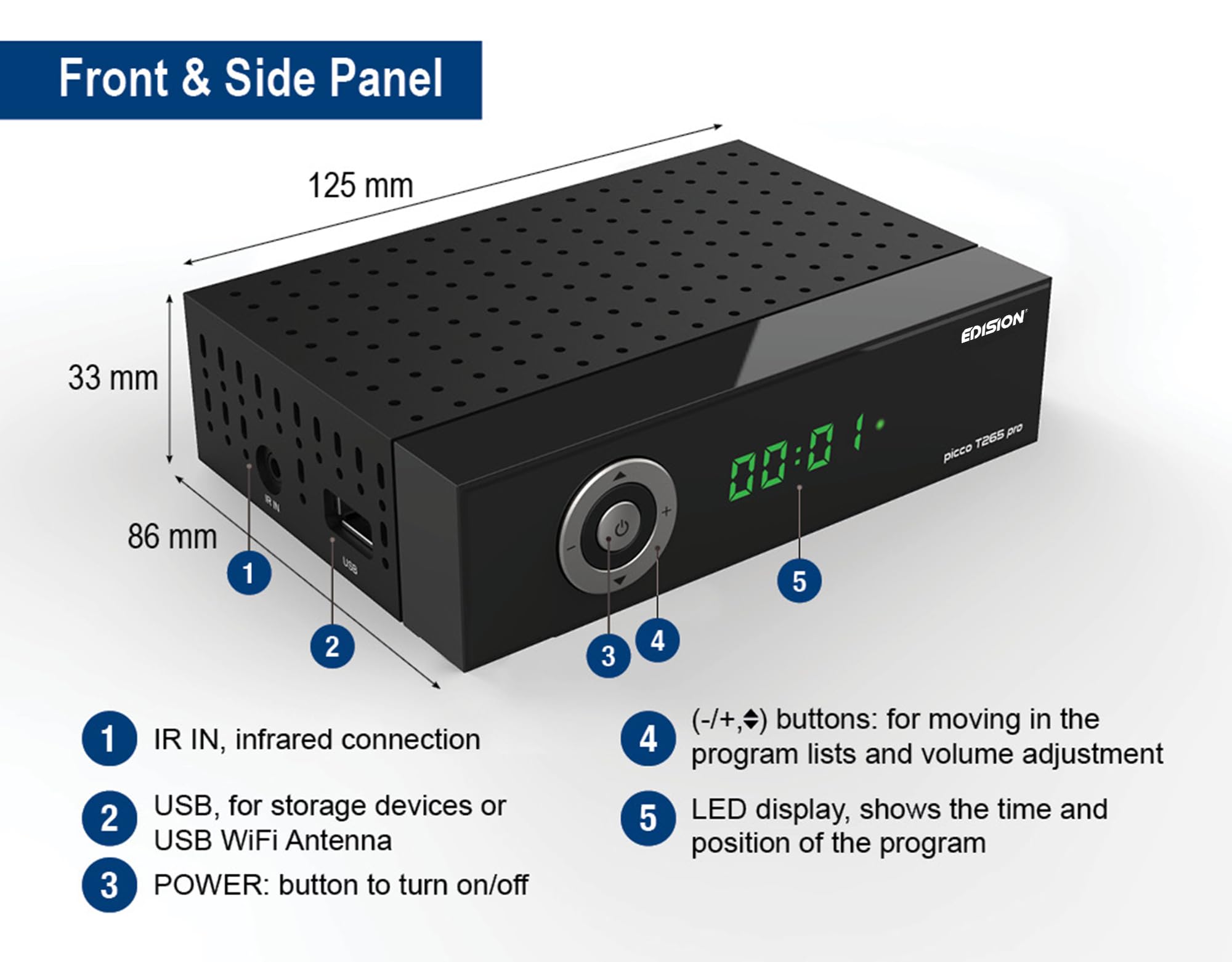 EDISION Picco T265 Pro HD Récepteur Terrestre TNT DVB-T2 et par Câble DVB-C H.265/HEVC FTA, PVR, USB, HDMI, SCART, S/PDIF, Capteur IR, Prend en Charge USB WiFi, IR Télécommande Universelle 2en1
