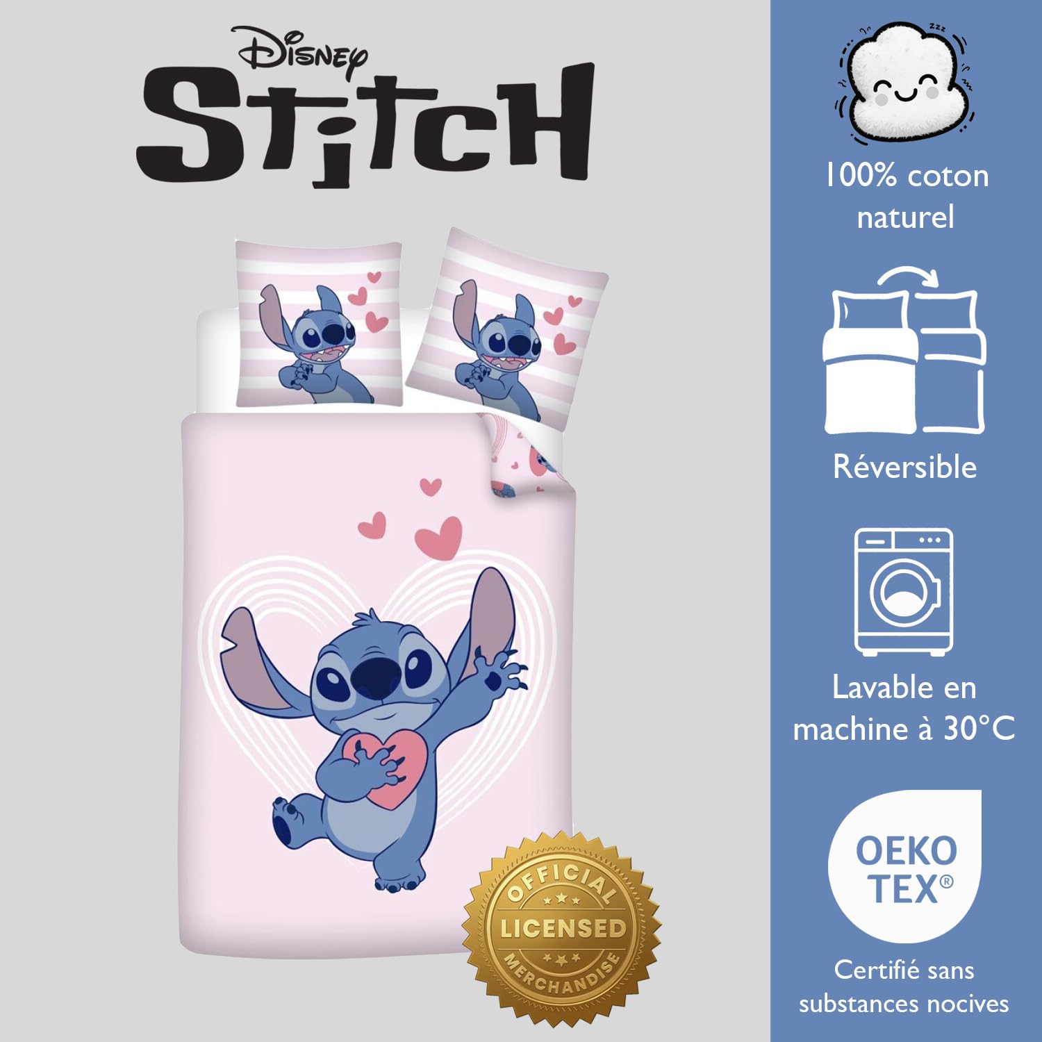 Juego de Cama Disney Stitch Rosa - Funda Nórdica 140x200 cm y Funda de Almohada 65x65 cm - 100% Algodón Premium - Certificado Oeko-Tex - Reversible Lilo & Stitch para Niña y Joven