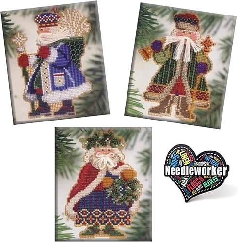 Mill Hill Woodland Santa Set (2001) Juego de 3 kits de punto de cruz con cuentas incluyendo campanero, Frosty y Holly & Ivy Santas, además de