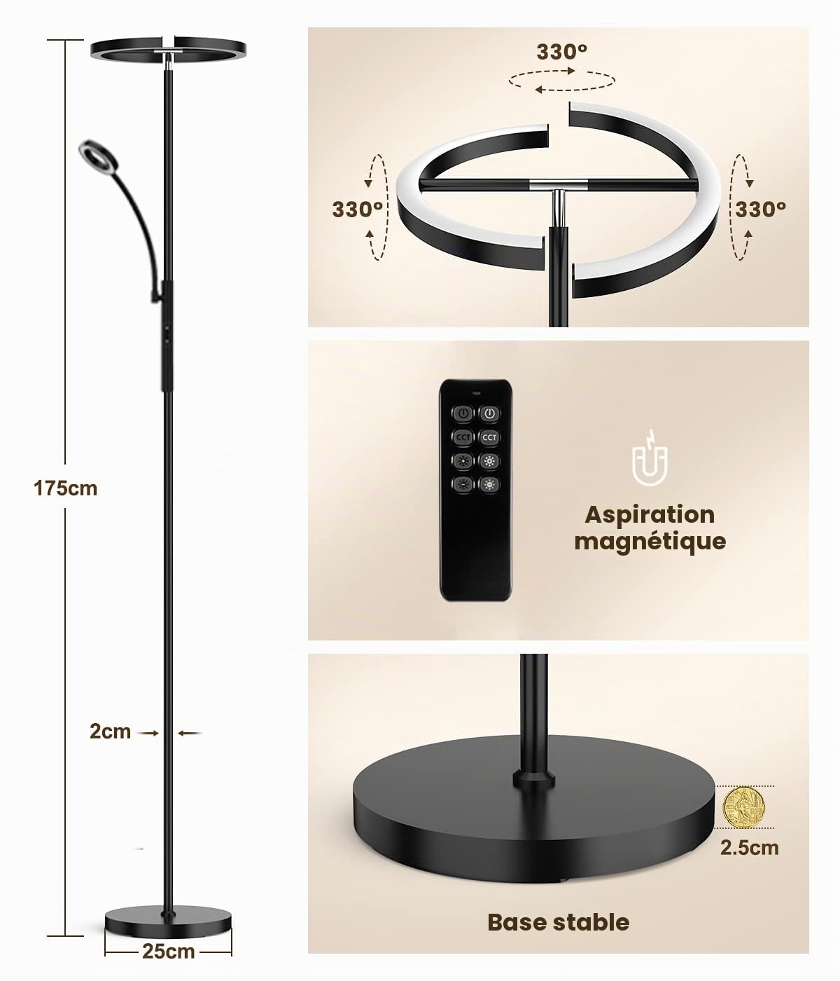 ANTENLICHT Lampadaire sur Pied LED Dimmable KAKA | Noir 20W avec Lampe de Lecture moderne flexible de 7 W | avec Télécommande 1500 lm - 4 Températures de couleur pour Salon, Chambre