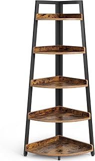 Rolanstar Corner Shelf 58.3 inch, 5 Tier Rustic Corner Bookshelf Industrial Corner Ladder Shelf Plant Stand for Display Rack for Living Room, Home Office, Bathroom, Small Space, Rustic Brown