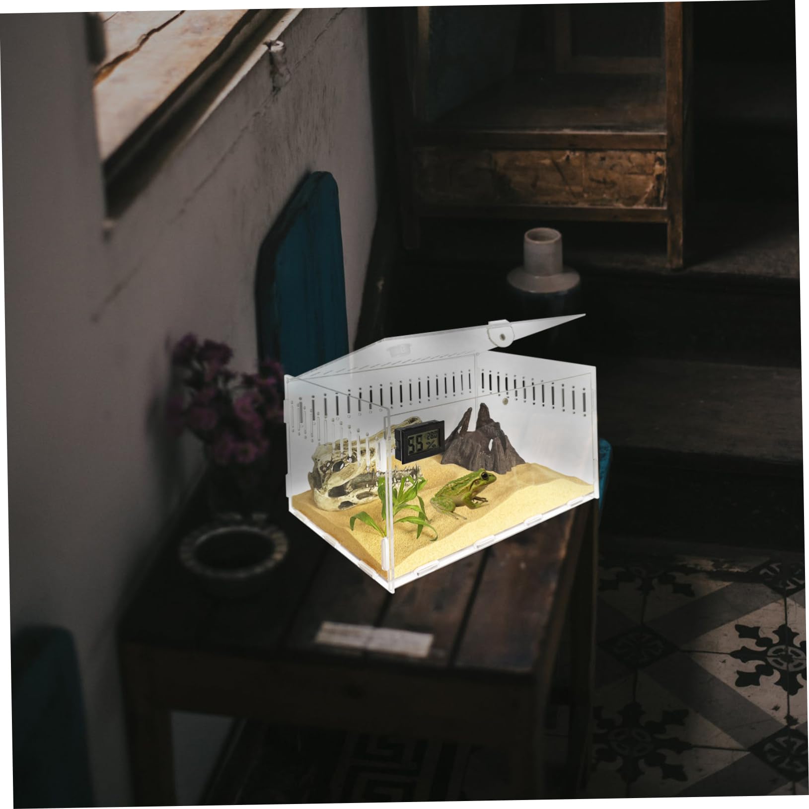 Happyyami Acryl Reptilienkäfig mit Feuchtigkeits- und Temperaturmesser für Schlangen Terrarium