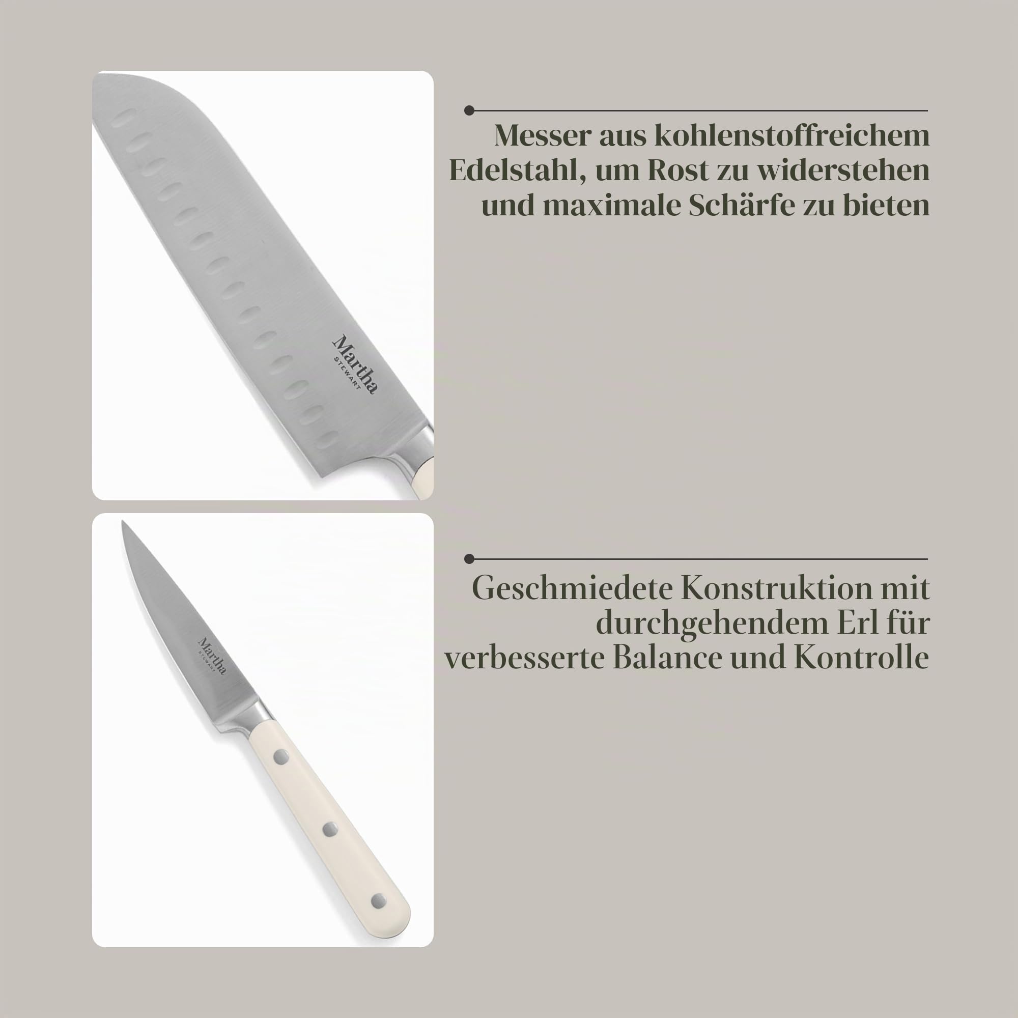 MARTHA STEWART Eastwalk 14-teiliges Messerblock-Set, aus hochwertigem Karbonstahl, mit ABS, dreifach geriffelter Griff, Akazienholz, Weiß