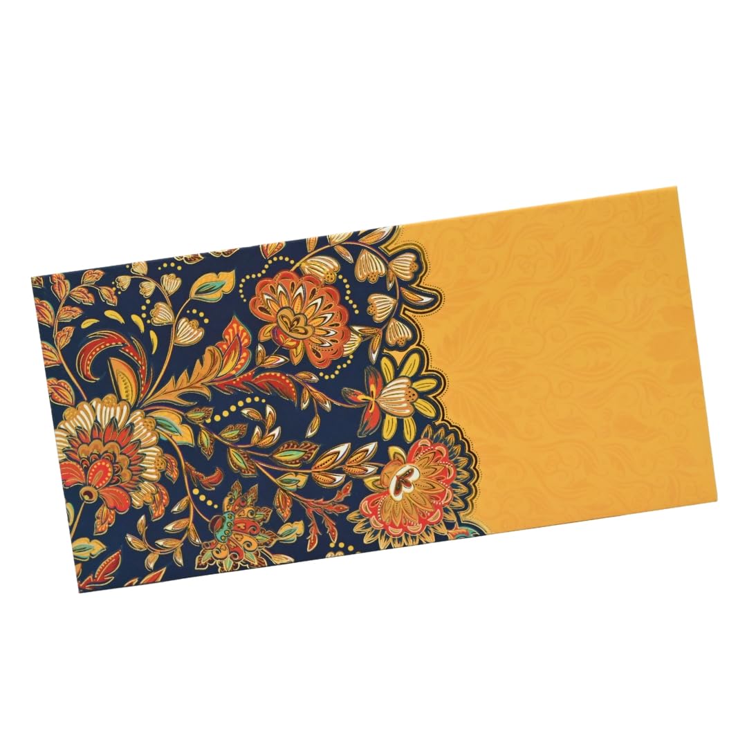 Vanya Creations Paper Printed Pack of 50 Flower Velvet Finish Shagun Envelopes Tuck Flap Lifafa for Gifting Sagan Wedding Occasion Cash Money, 19 X 9.5 cm, Royal Blue Yellow Color