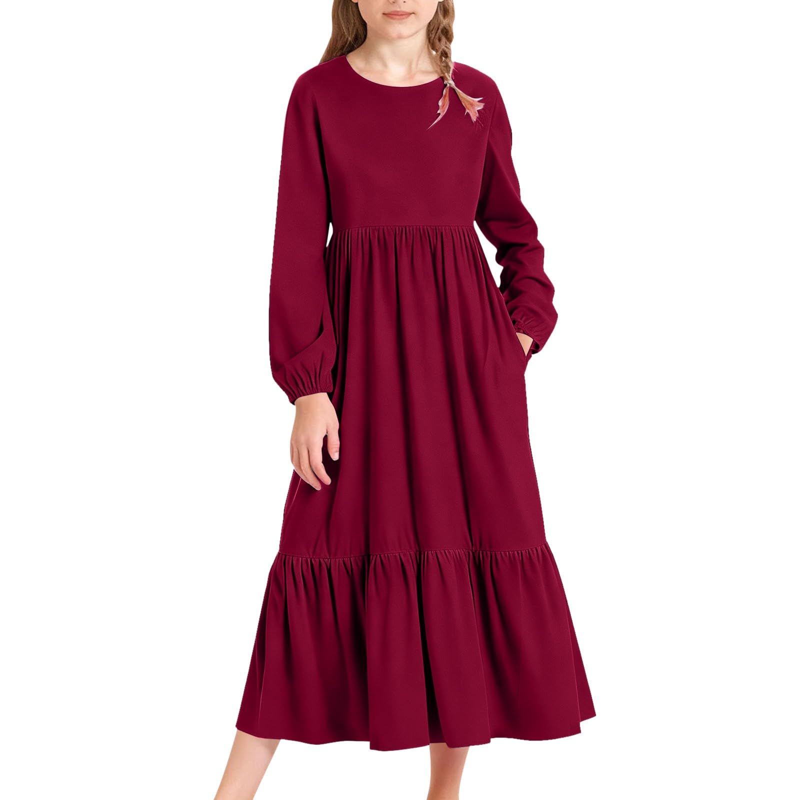 Vestito per ragazze Manica Lunga Casual Beach Dress Bambini Primavera Estate Vacanze Girocollo A Livelli Fluido A Line Maxi Abiti con Tasche