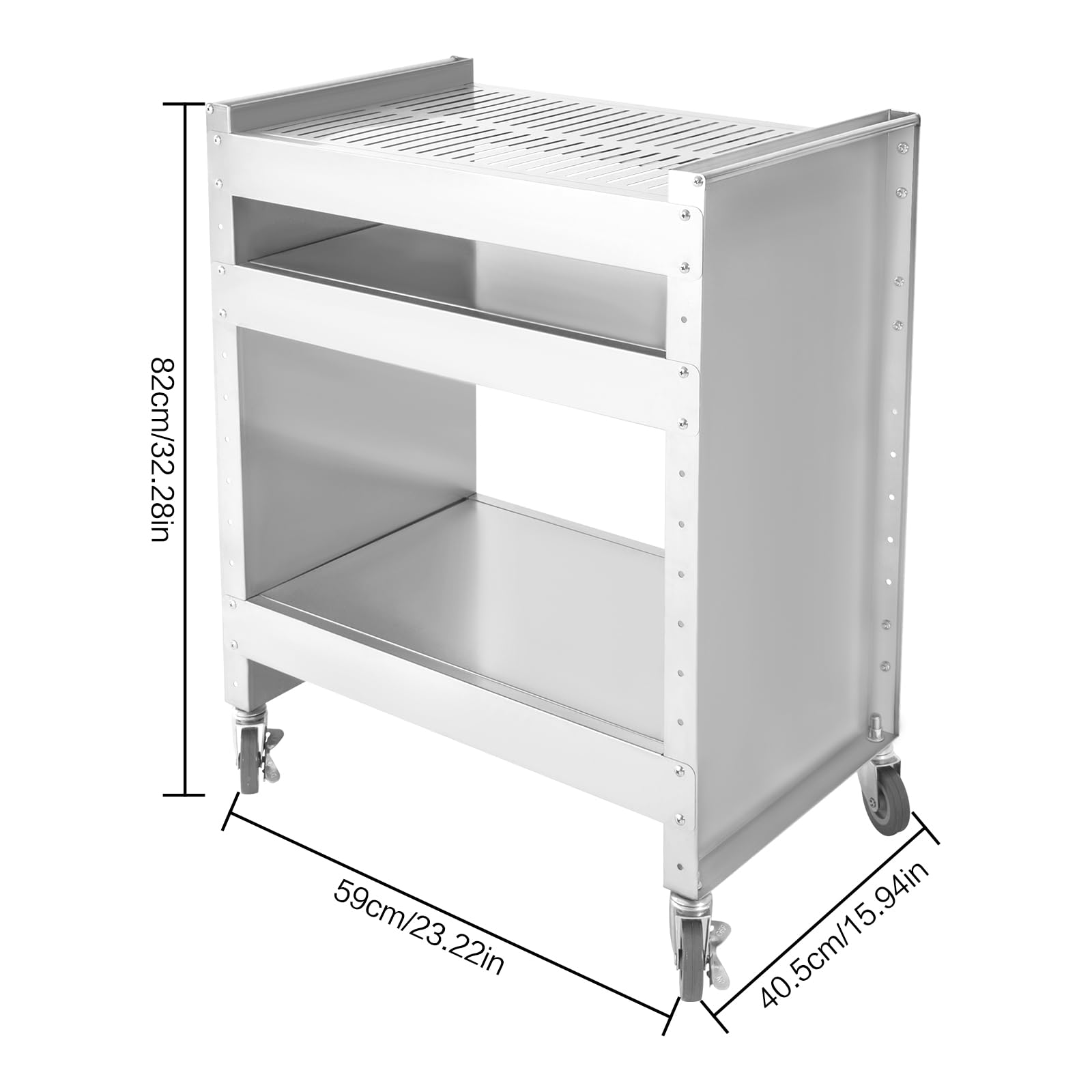Wózek grillowy, 3-piętrowy stół do grillowania ze stali nierdzewnej z 4 kółkami, nośność 30 kg, regulowane półki, na spotkania rodzinne, wieczory przy grillu w ogrodzie, 59 x 40,5 x 82 cm