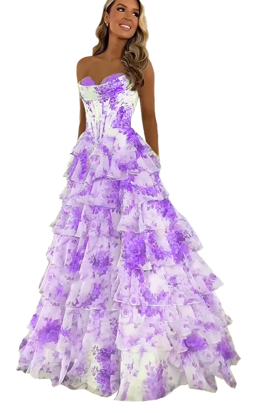 UZN Floral Print Tiered Prom Dresses 2025 with Slit Long Strapless Corset Formal Evening Party Gowns