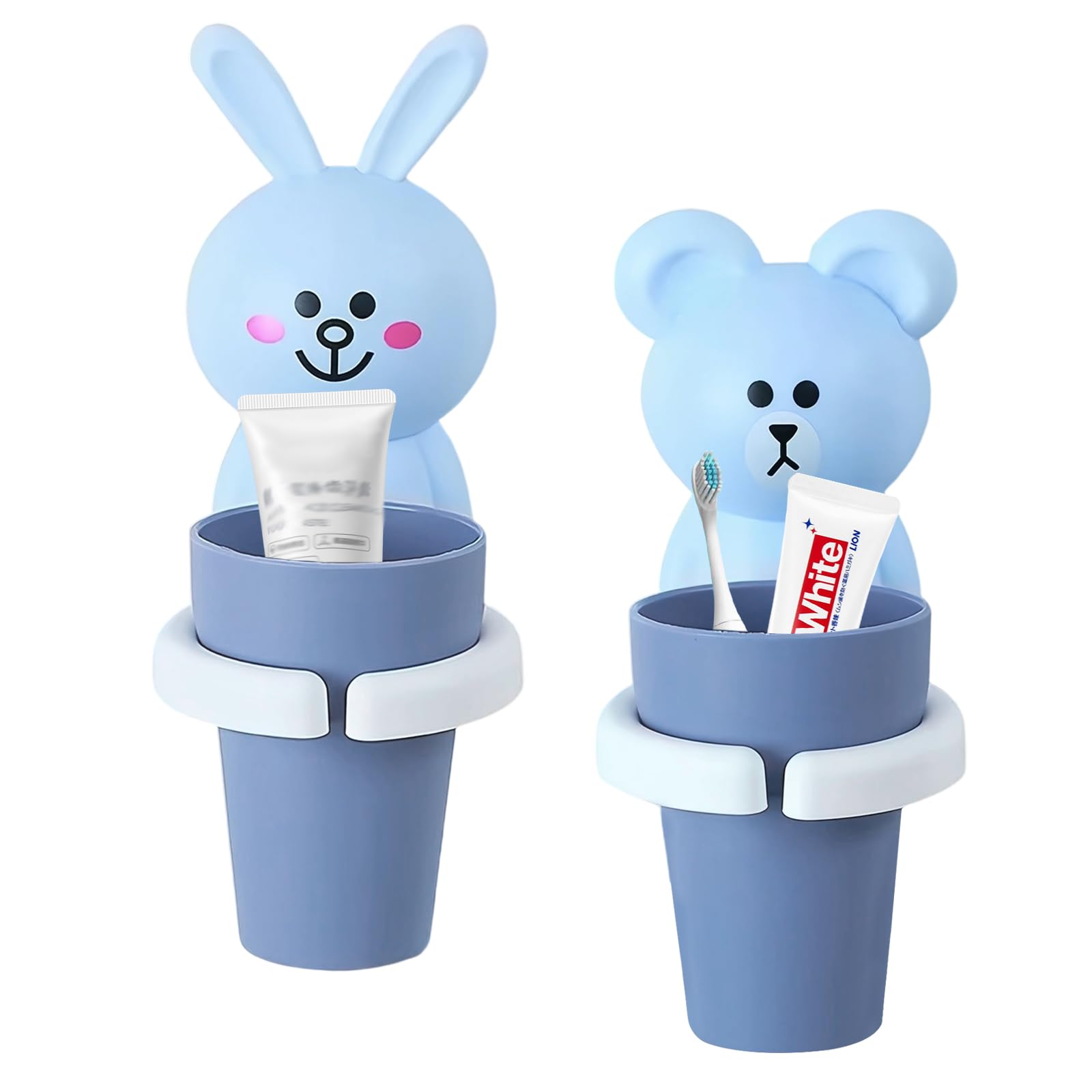2pcs Kids Toothbrush Holder Cute Animal Shaped Wall Mounted Toothbrush Cup Holder No Drilling Bathroom Glass Toothpaste Toothbrush