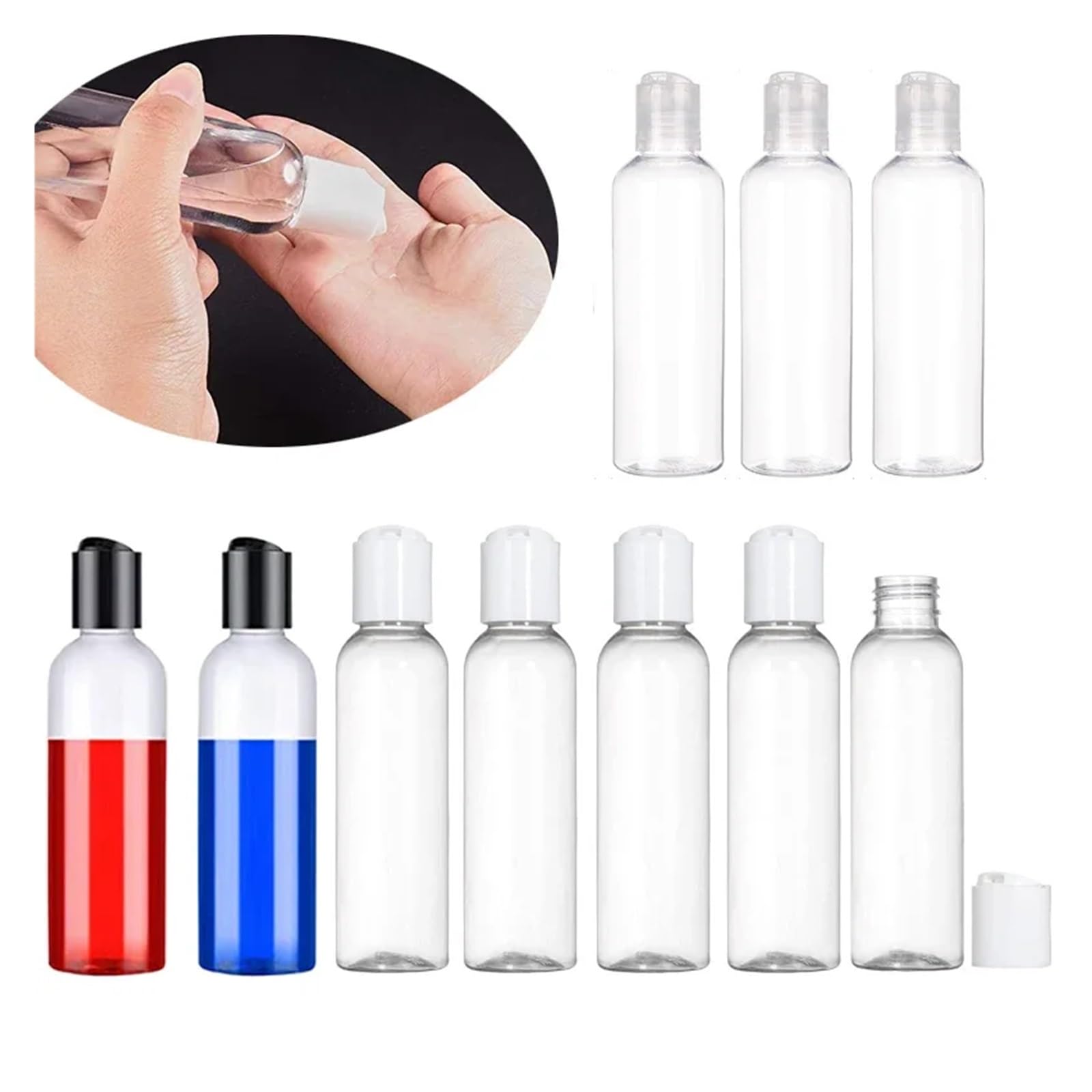 Rellenar Botella Cosmetica Vacio 10 botellas de plástico transparente de 30 ml a 100 ml con tapas abatibles con forma de disco, envases de viaje rellenables for cremas, champús y lociones For Travel,