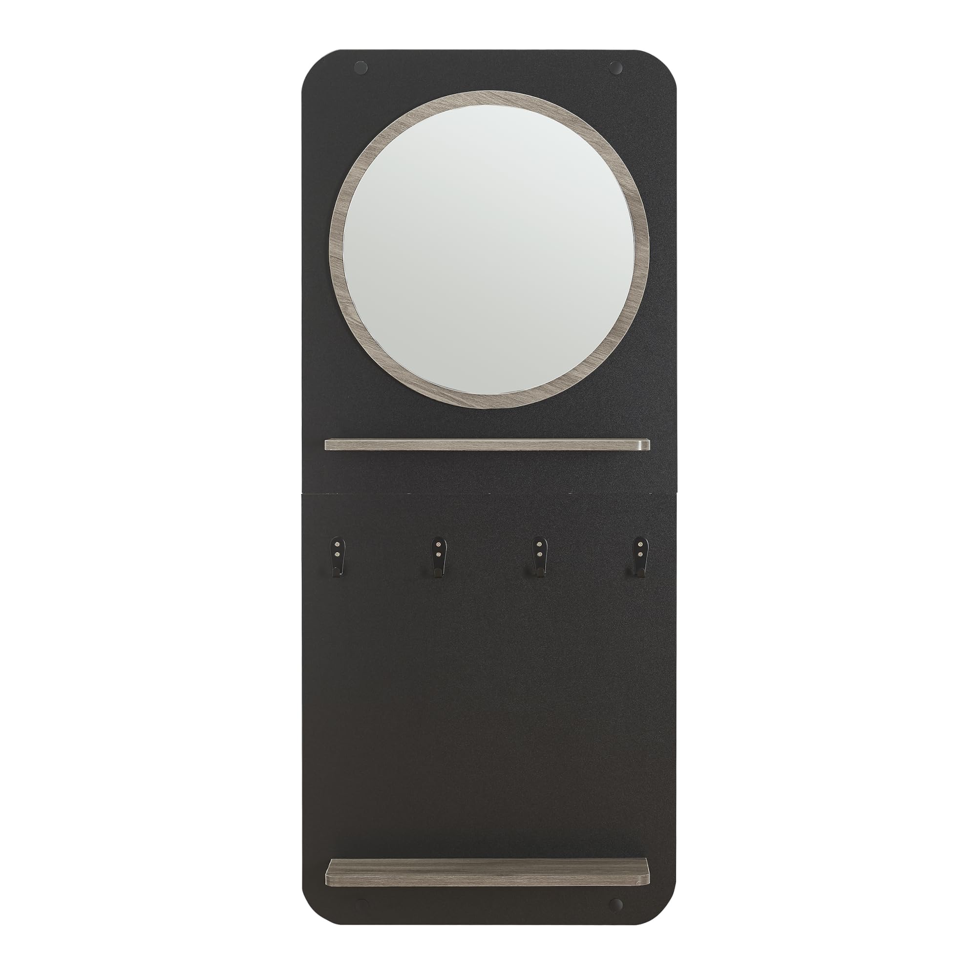 [en.casa] Perchero Panel Helsinge con Espejo Perchero de Pared con 4 Ganchos y 2 Estantes para Entrada Pasillo Oficina Aglomerado Metal 140x60x16 cm - Negro Mate