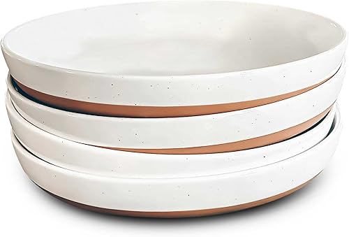 Mora - Juego de 4 cuencos planos de cerámica para pasta 35 onzas platos aptos para microondas con borde alto Vajilla de porcelana moderna para