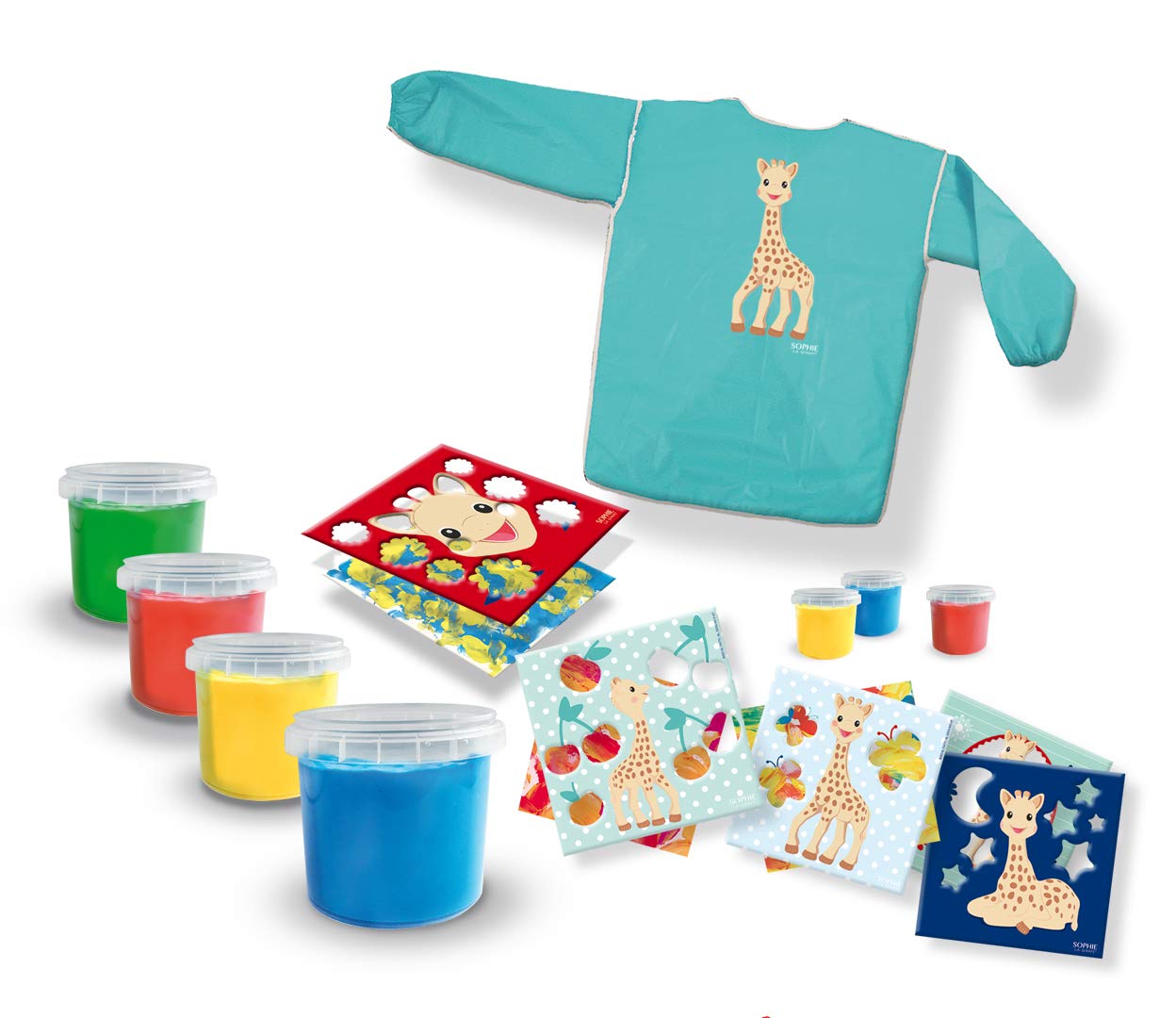 SES Creative Sophie la girafe - Peinture au Doigt Bébé | Non toxique | Végan et Sans Gluten | Made in Holland | Pour les enfants Dès 1 An | 4 Couleurs | Avec Tablier et 8 Feuilles Animaux | 14494