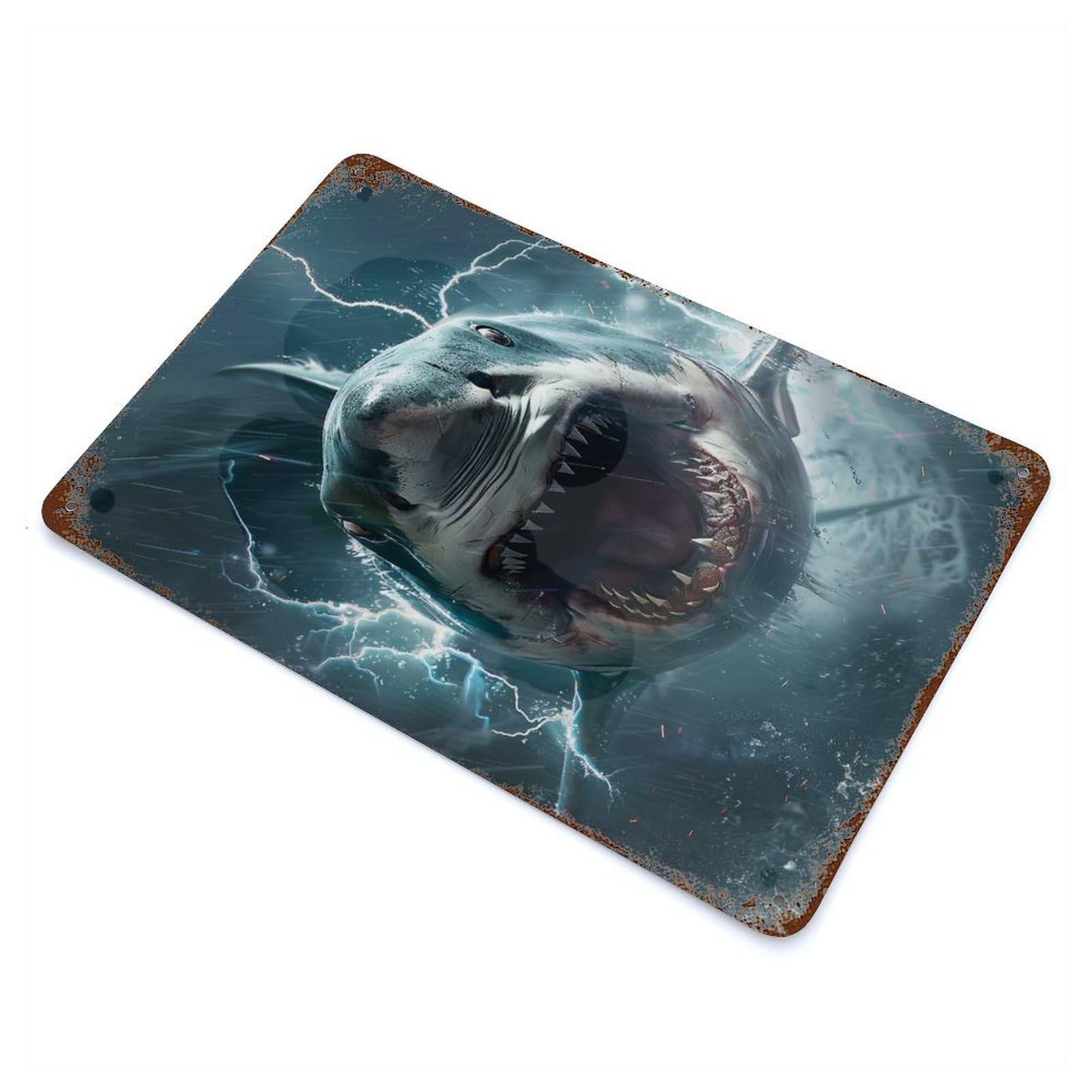 Shark Lightning Rusty Metal Tin Sign 11.8"x7.9", for Pub, Kitchen And Man Cave Decor, Farmhouse Wall Decor