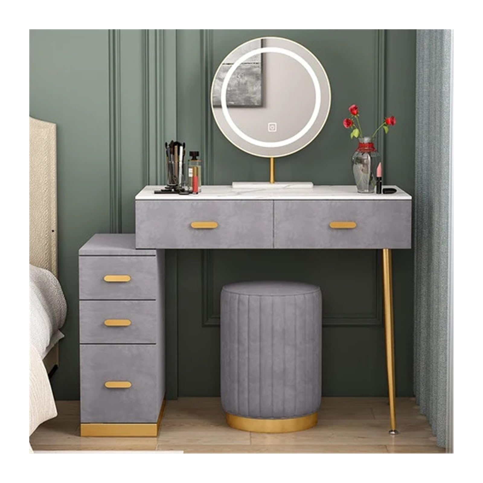 CGCSYZ Vanity Desk 39 Inch Vanity Desk Set with Lighted Mirror and Drawers, Bedroom Makeup Dressing Table with Cushioned Stool, Grey Velvet Finish Makeup Vanity Makeup Dressing Table (Gris L 100cm)
