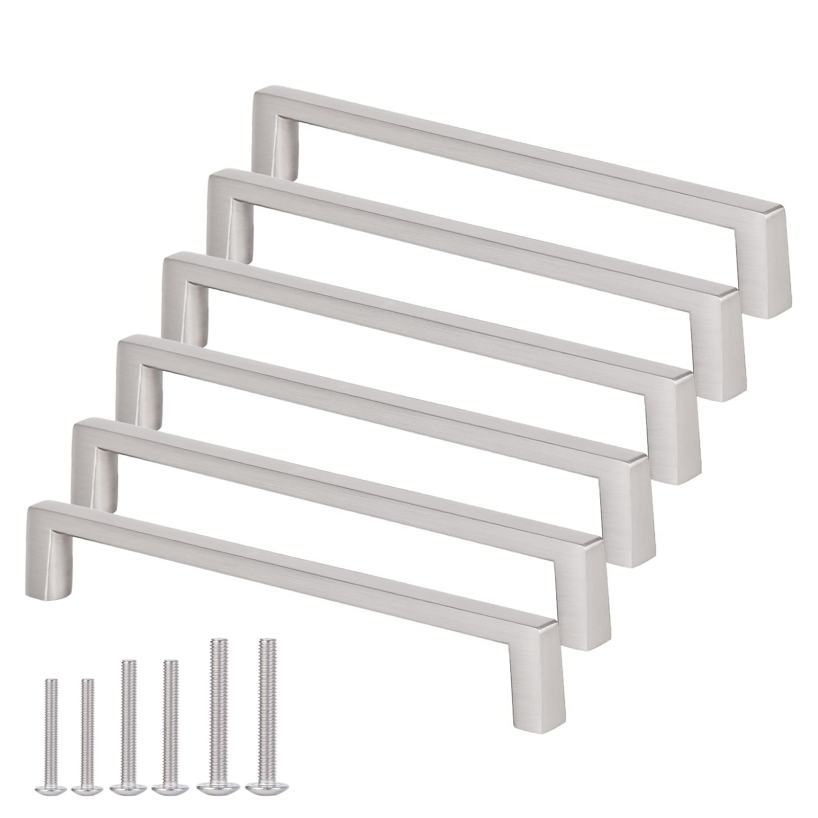 Solid Square Bar Cabinet Handle - Matte Brushed Nickel Furniture Pull 4 Inch/101.6mm Screwhole Distance 6-Pack for Kitchen Cupboard Door Bedroom Dresser Drawer Bathroom