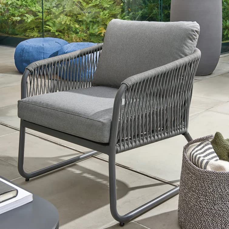 Image of DEVOKO Outdoor Unique Design Rope 4-Piece Bistro Set with Seat Cushions and Pillows Included with Center Table in Square Shape for Garden, Balcony, Pool, Backyard (Grey)